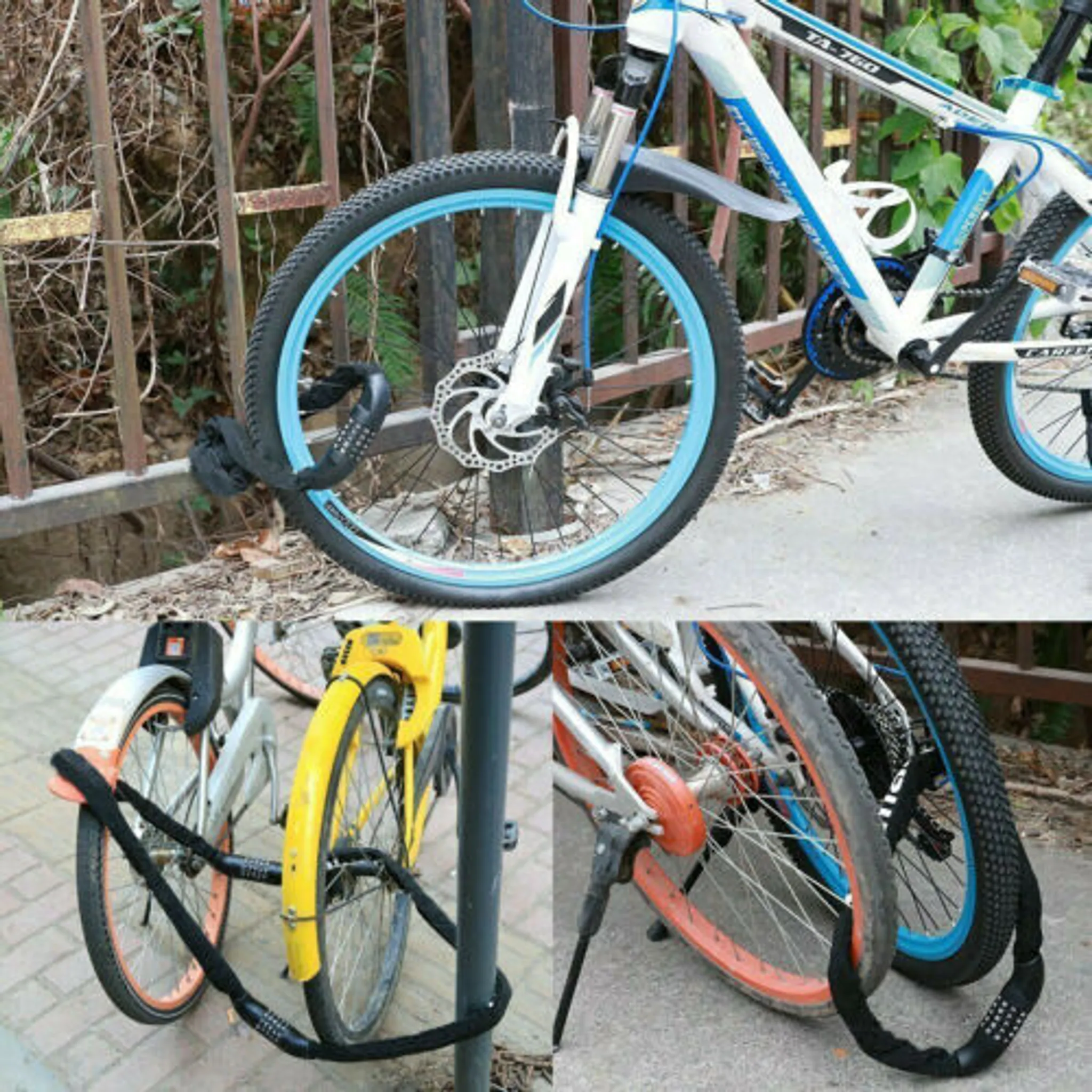Fahrräder mit schwarz-blauen Schlössern gesichert, eine weiße und eine gelbe.