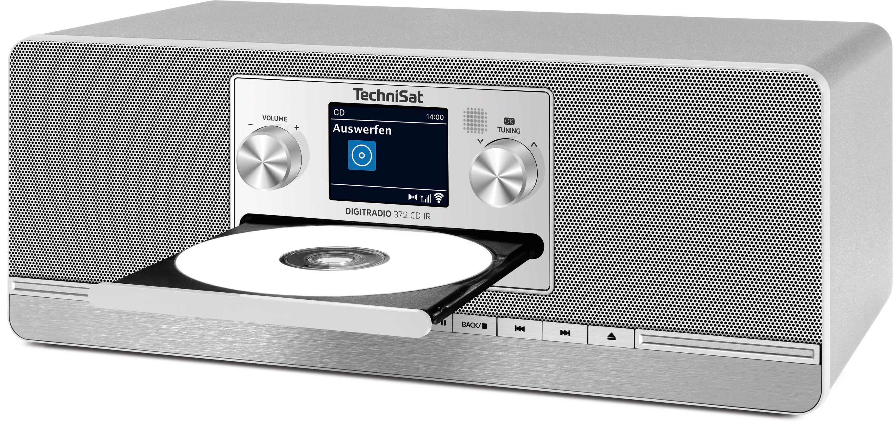 Una radio digitale TechniSat argentata con cassetto CD aperto, che mostra un CD.
