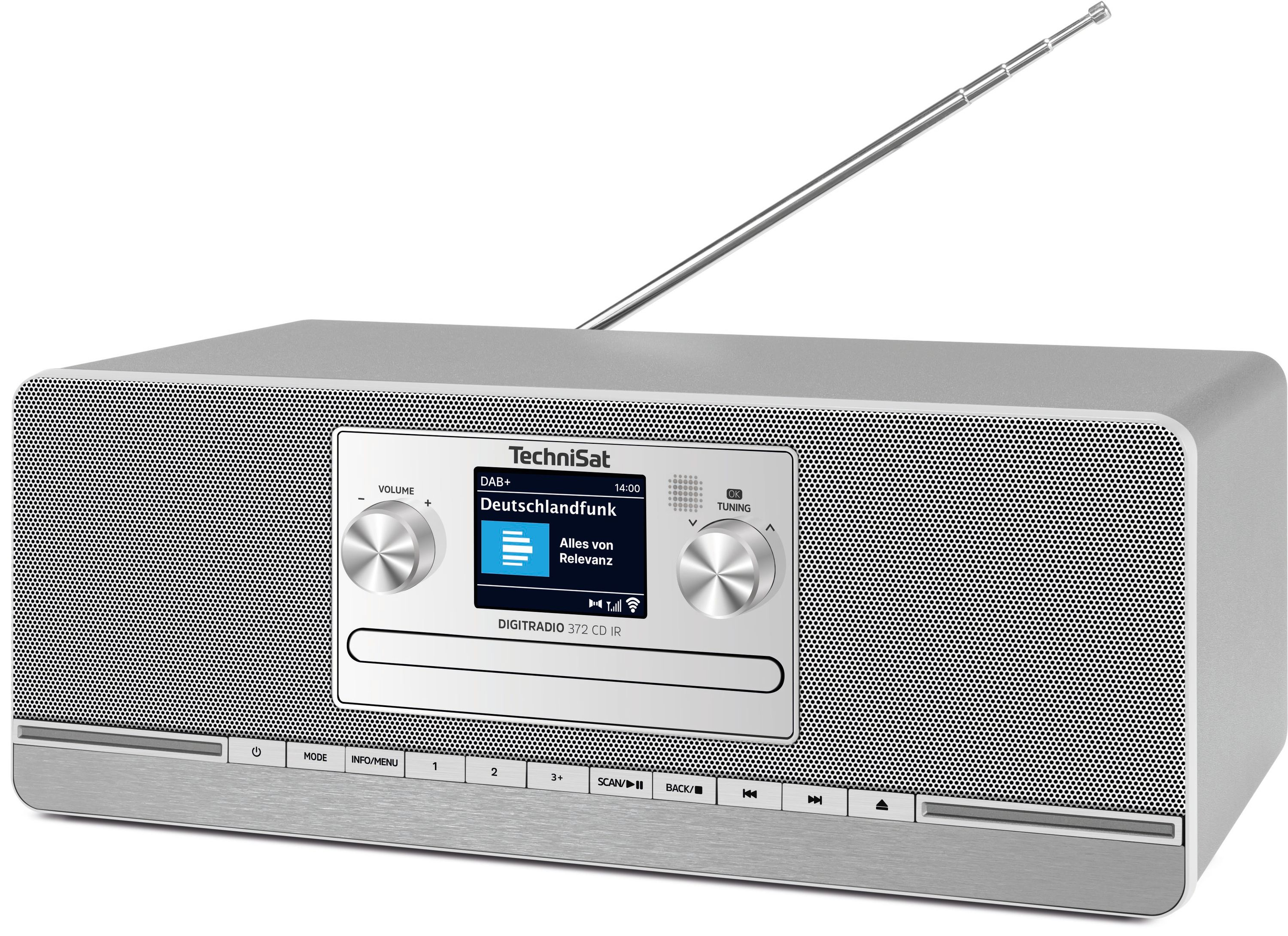 Una radio digitale TechniSat argentata con antenna estesa.