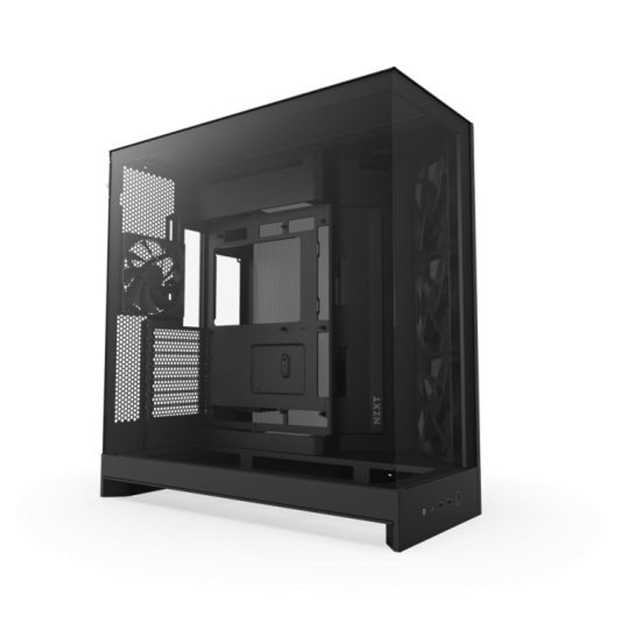 Een zwarte computerkast met glazen voorkant en ventilatoren.