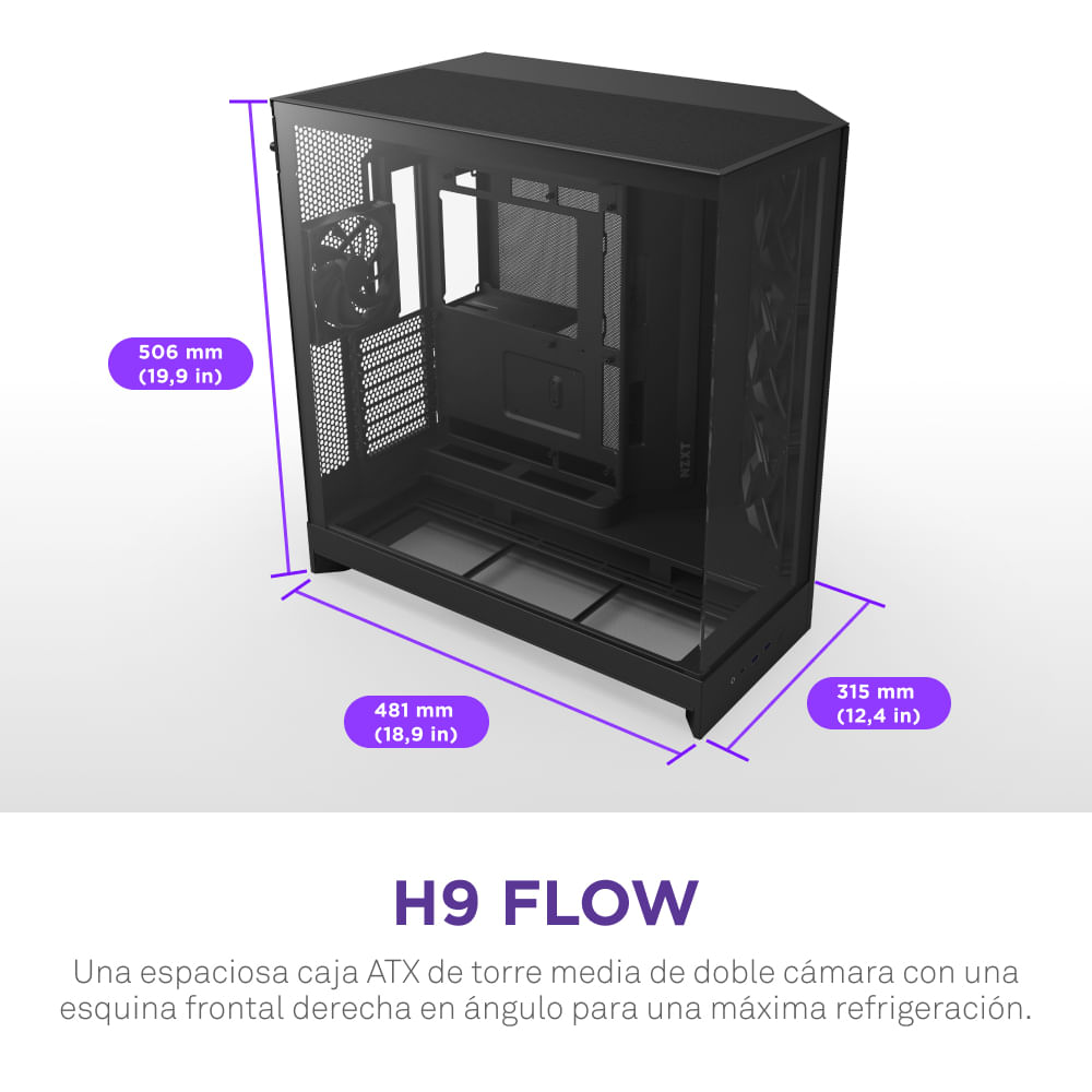 Zwarte ATX mid-tower behuizing met glazen voor- en zijkant. Afmetingen: 506x481x315mm.