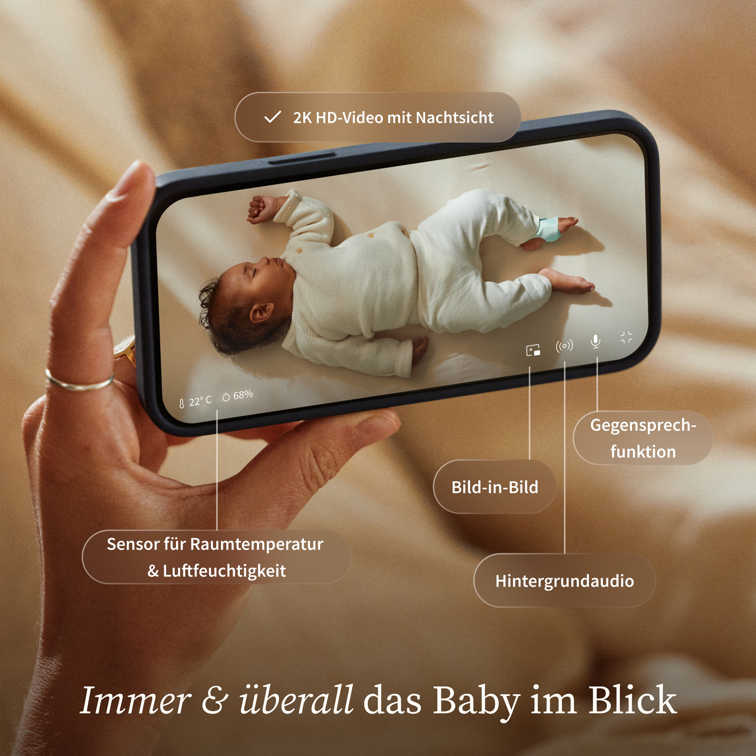 Babyphone-Display zeigt Baby, 2K HD Video, Nachtsicht, Temperatur und Feuchtigkeit.