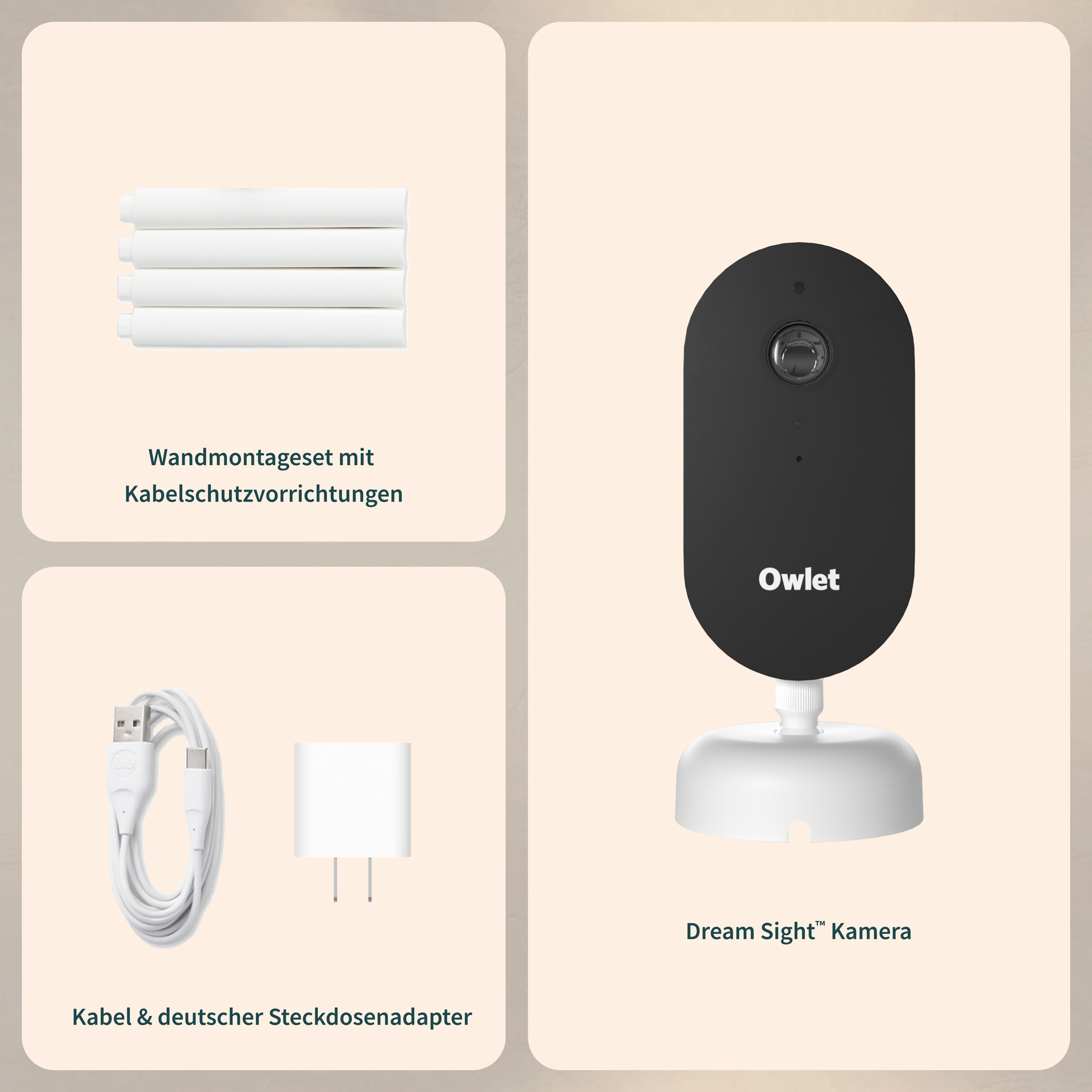 Owlet Dream Sight Kamera mit Wandmontage, Kabel und Adapter