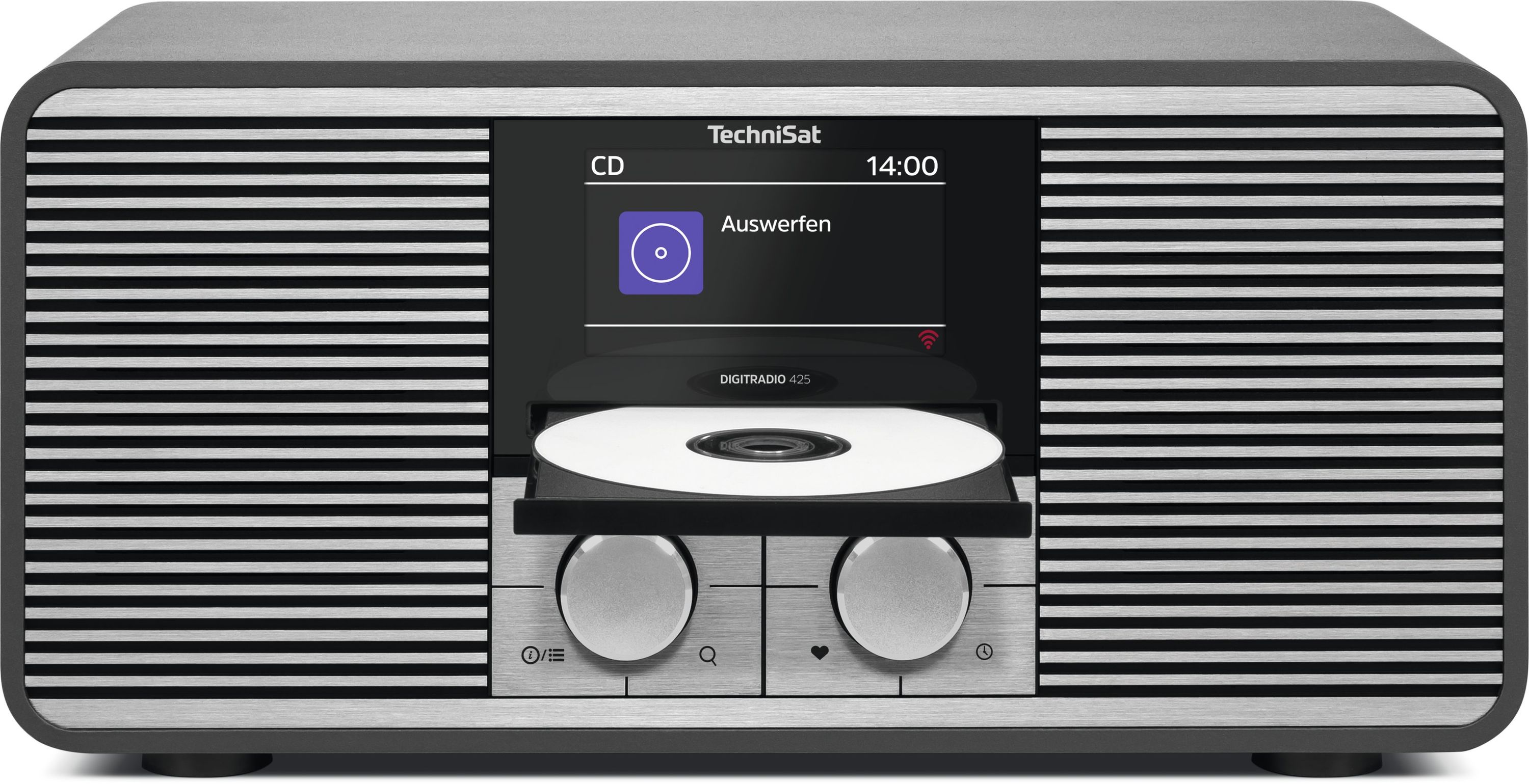 TechniSat DIGITRADIO 425 mit CD-Schlitz, silbernen Knöpfen und einem Bildschirm mit 'Auswerfen'.