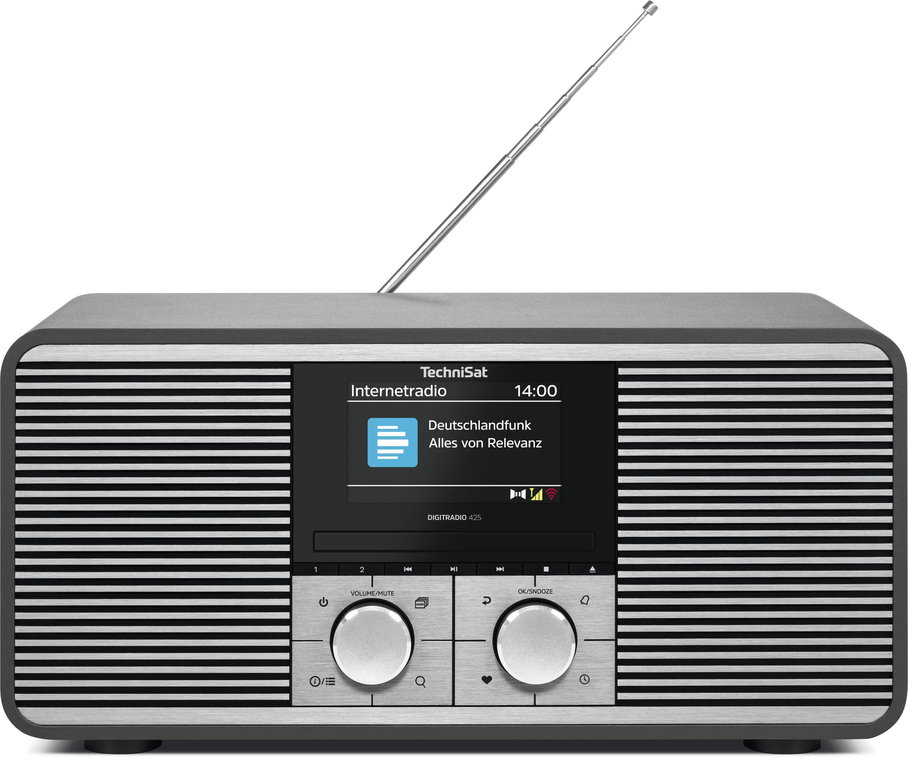 Ein TechniSat Internetradio mit silbernen Bedienelementen und ausfahrbarer Antenne.