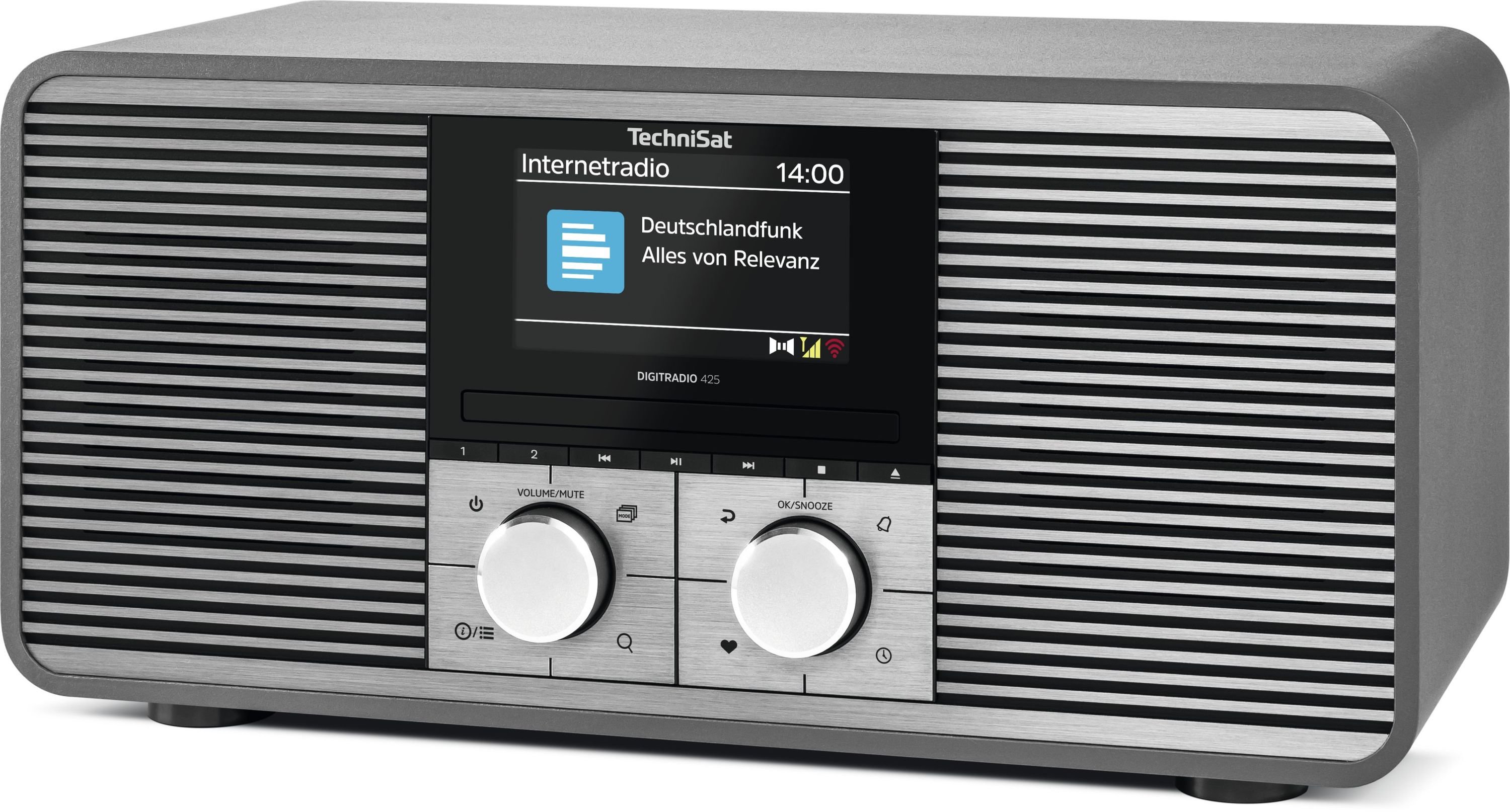 Ein graues TechniSat Internetradio mit silbernen Bedienelementen und Display.