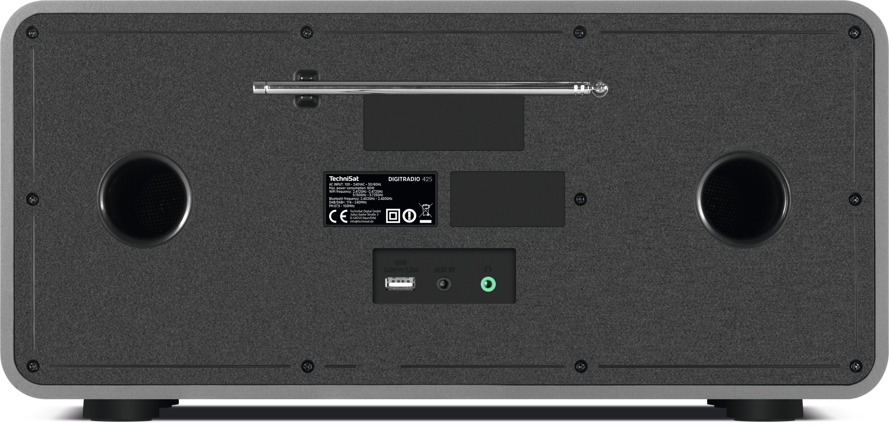 Rückseite eines Radios mit Lautsprechern, Antenne, Anschlüssen und technischen Daten.