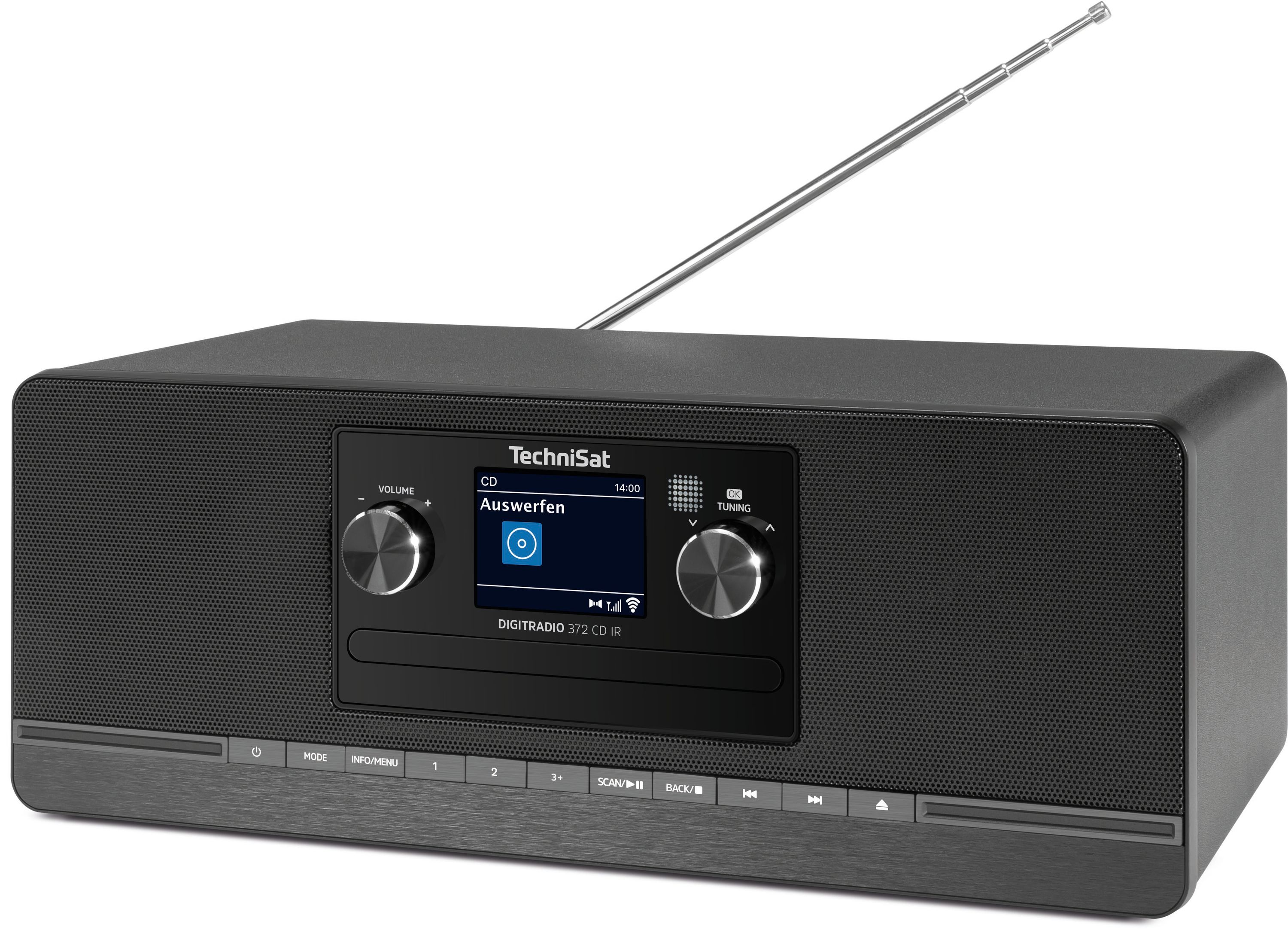 Un TechniSat Digiradio 372 CD IR noir avec son antenne déployée.