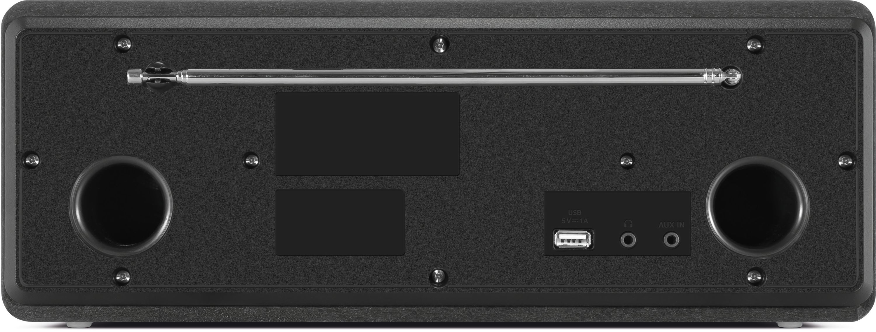 Arrière d'une radio noire avec antenne extensible, haut-parleurs, USB et entrée AUX.