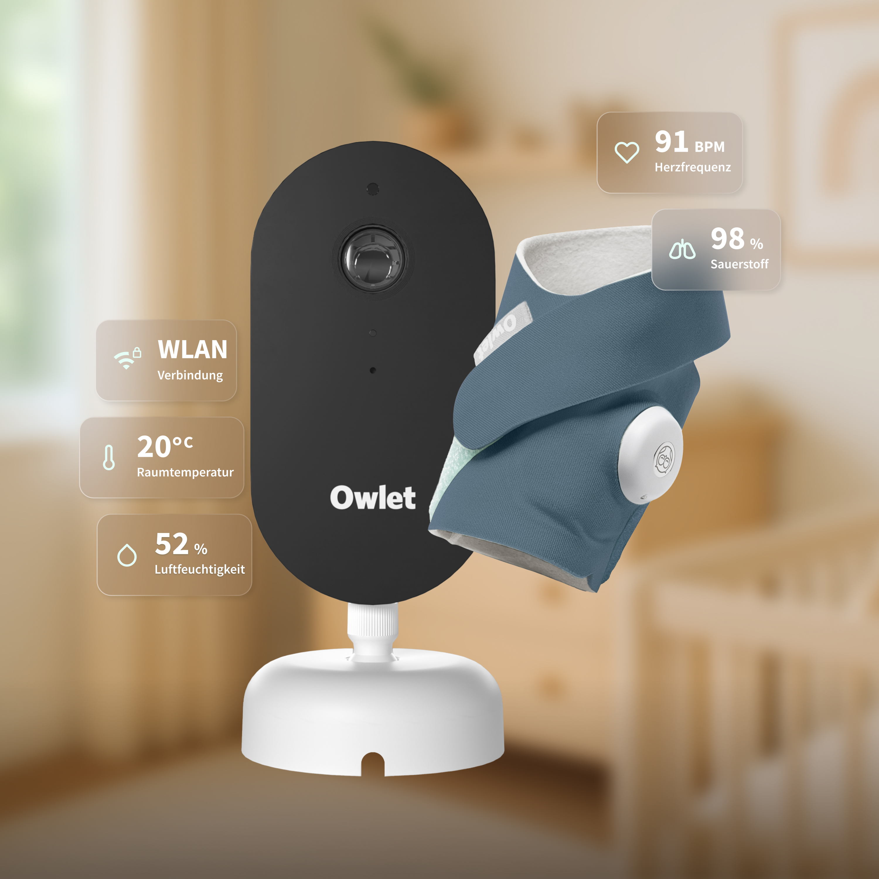 Owlet Baby Monitor mit Stoff-Sensor zeigt Herzfrequenz, Sauerstoff, WLAN, Temp u. Feuchtigkeit.