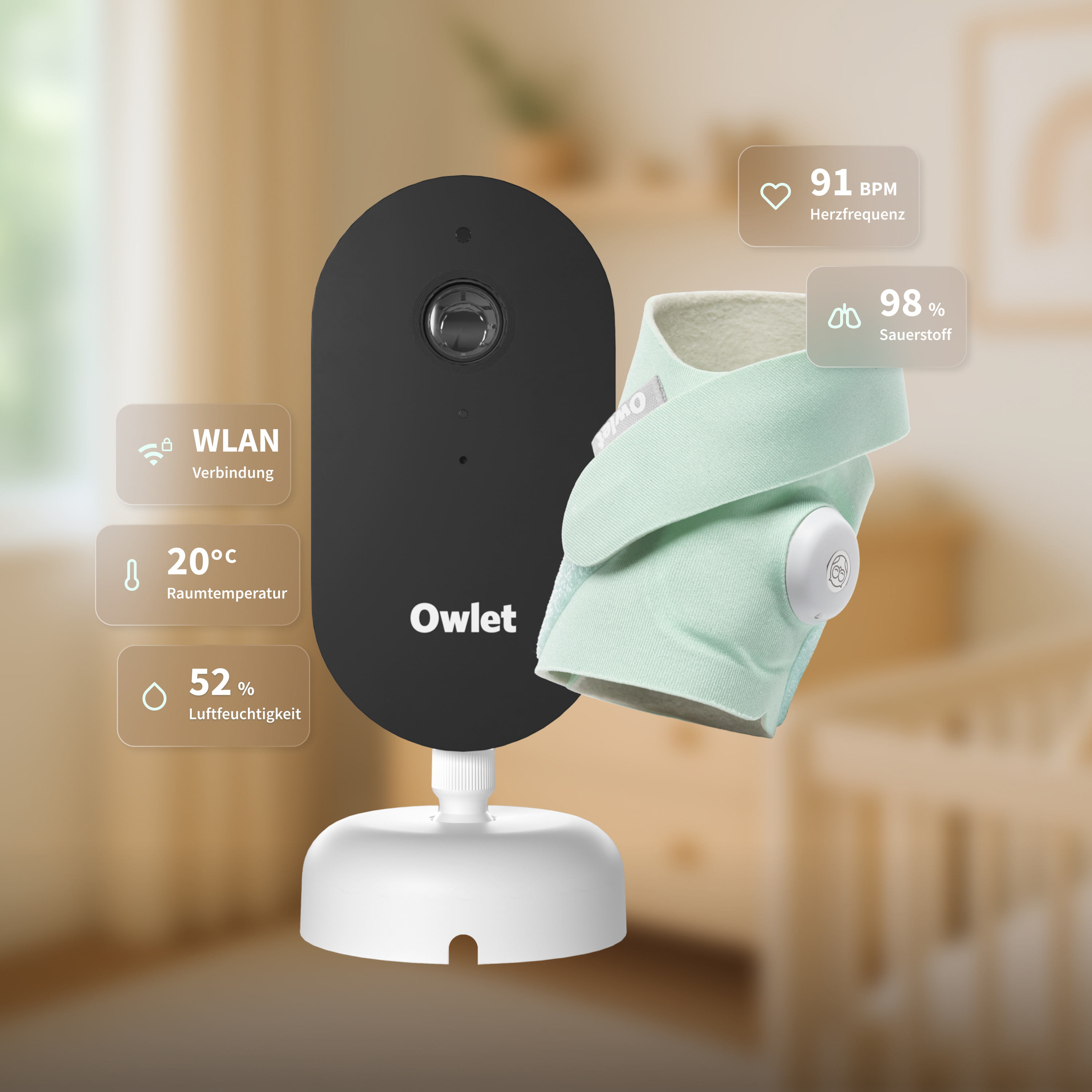 Owlet Baby Monitor mit Sensoren für Herzfrequenz, Sauerstoff, Temperatur und Luftfeuchtigkeit.