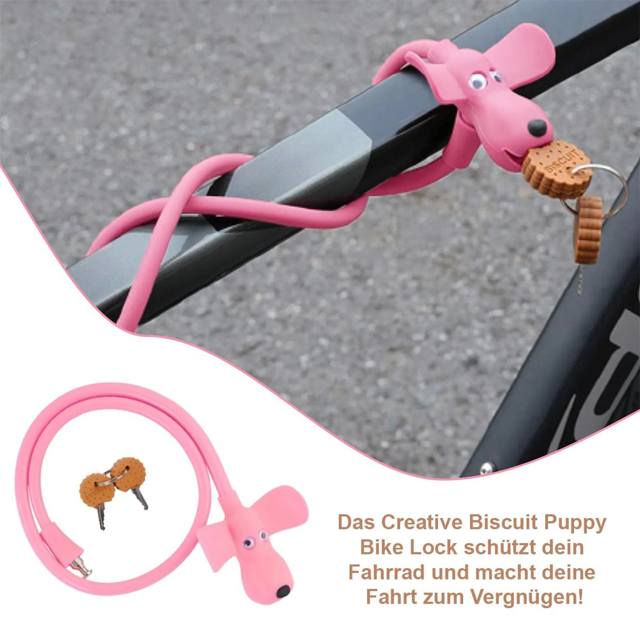 Ein rosa Fahrradschloss in Form eines Hundes mit Keks-Schlüsselanhänger.
