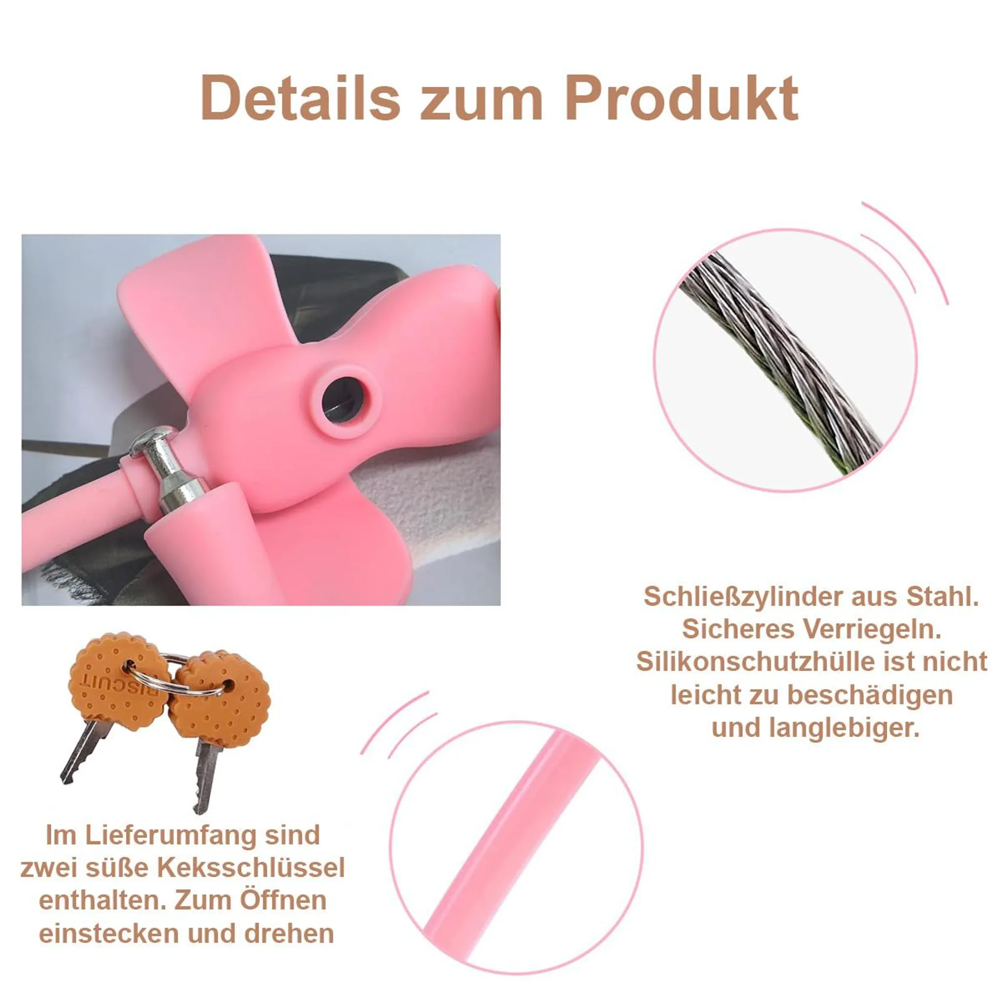 Ein pinkes Schlossdetail, zwei Keksschlüssel und Stahlseil.