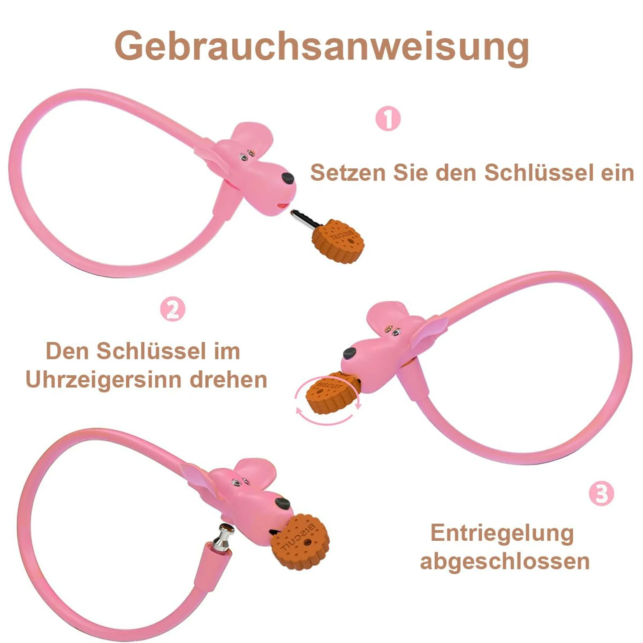 Anleitung: Rosa Hundeschloss mit Keks-Schlüssel. Schritt 1, 2, 3.