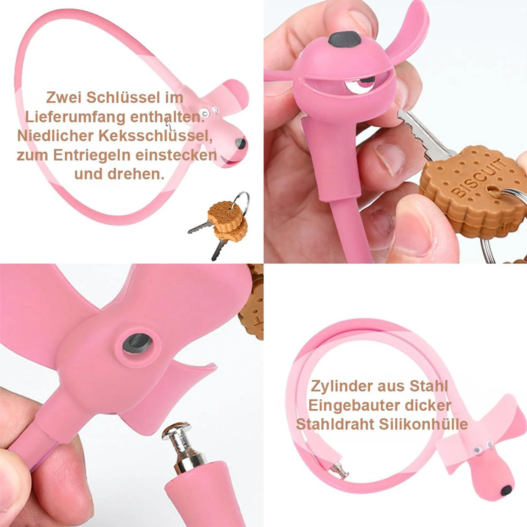 Pinke Hundeschlüsselanhänger mit Keks-Schlüssel und Stahlkern.