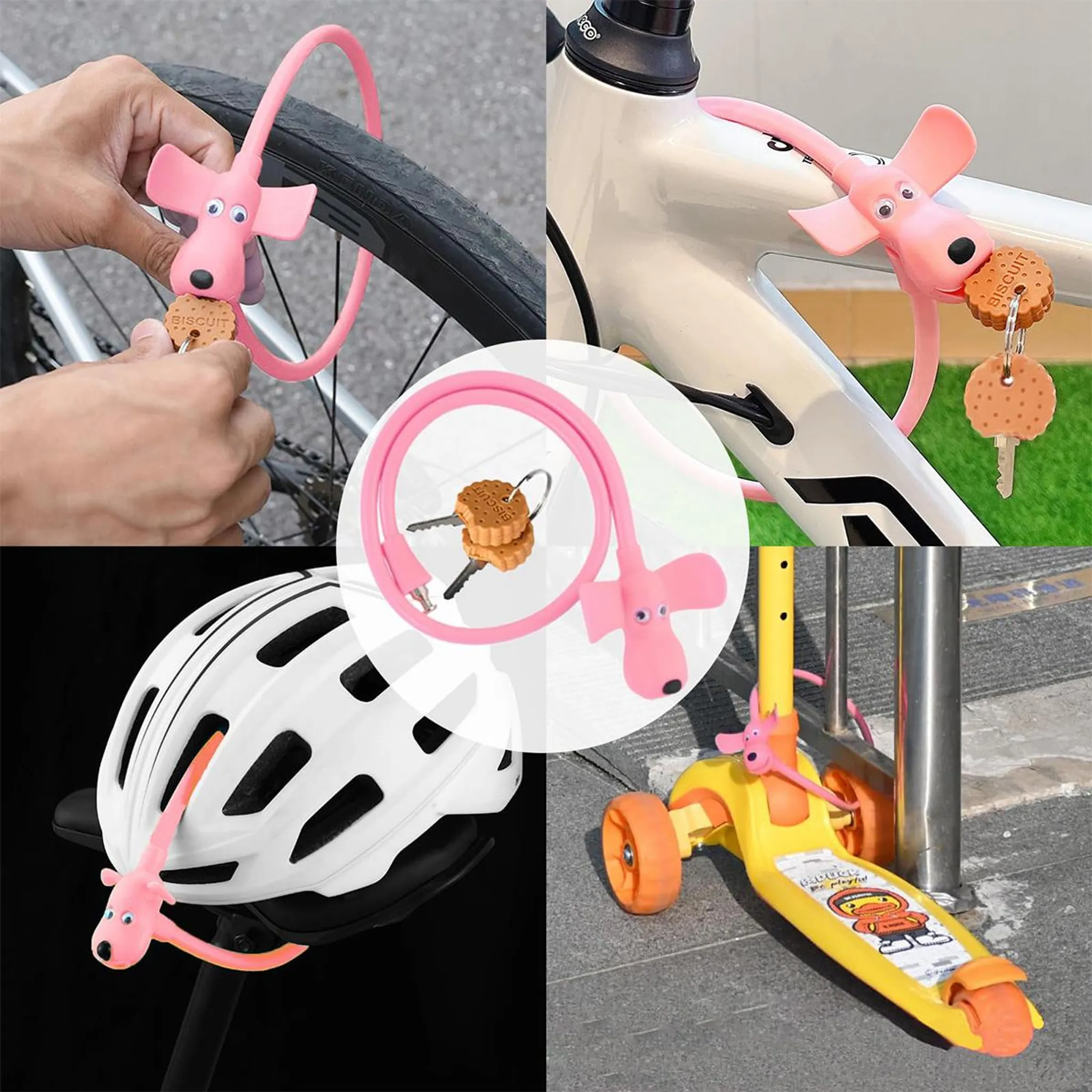 Pinker Hundeschloss an Fahrrad, Helm und Roller. Mit Keksschlüsselanhänger.