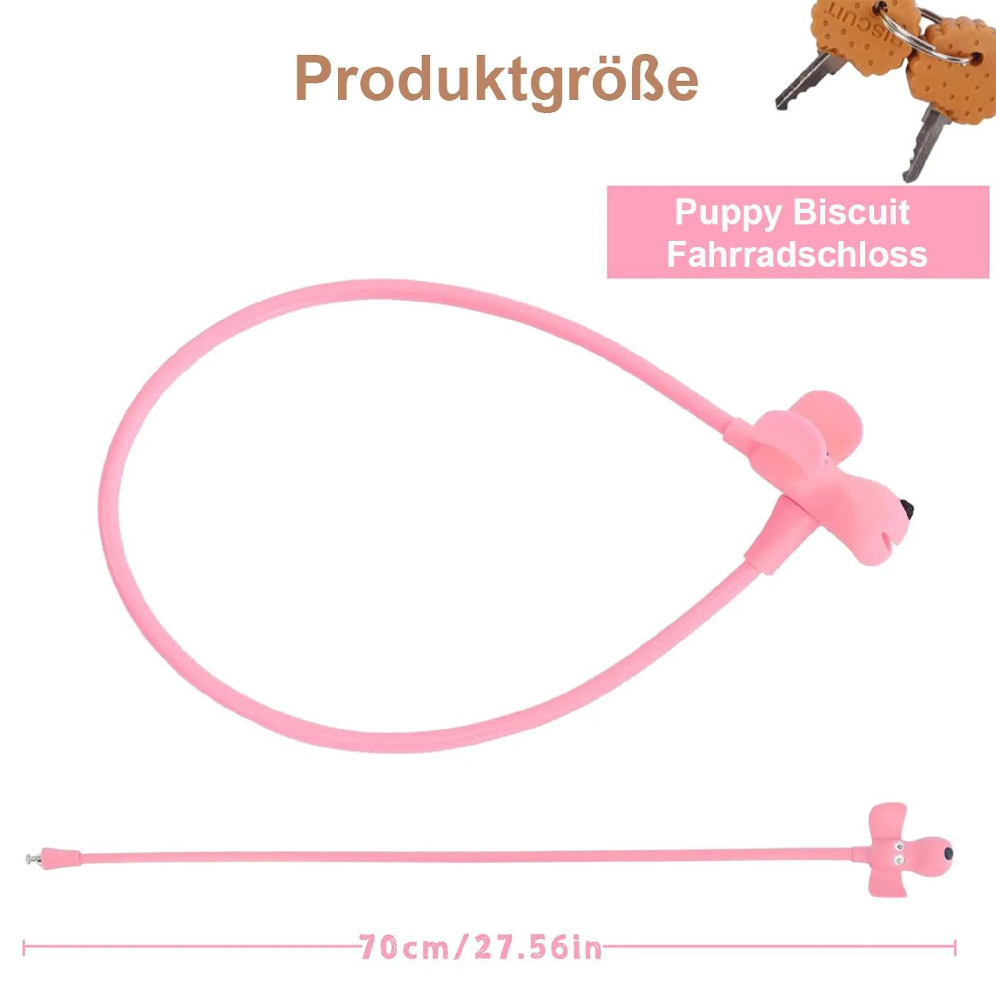 Ein rosa Fahrradschloss in Hundeform mit zwei Schlüsseln.