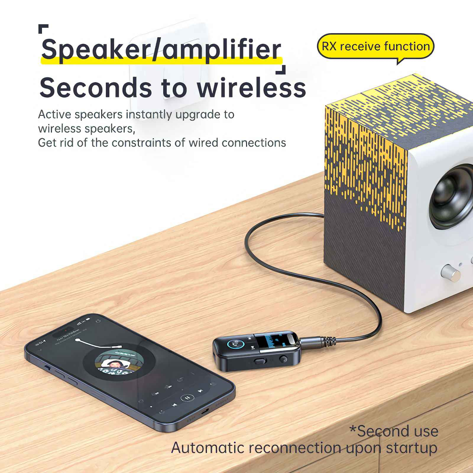 Ein Smartphone ist mit einem drahtlosen Audioempfänger verbunden, der an einen Lautsprecher angeschlossen ist.