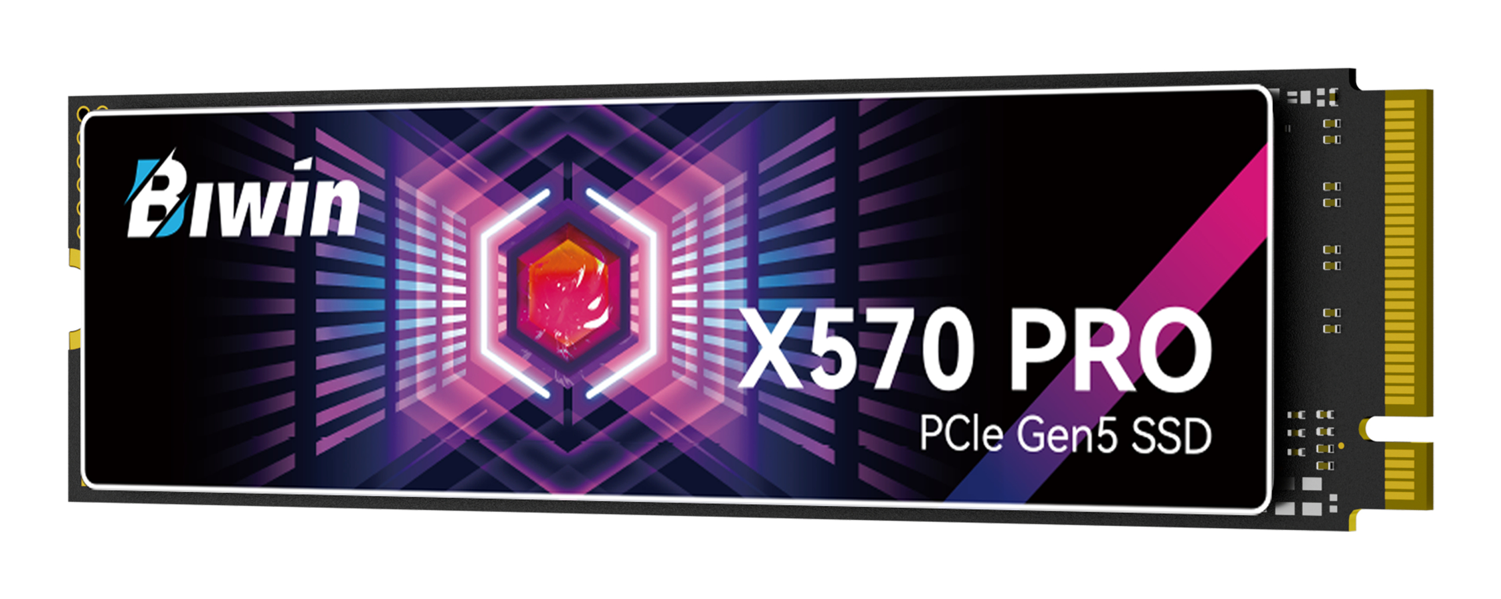 SSD Biwin X570 PRO PCIe Gen5 con rayas púrpuras y azules al fondo.