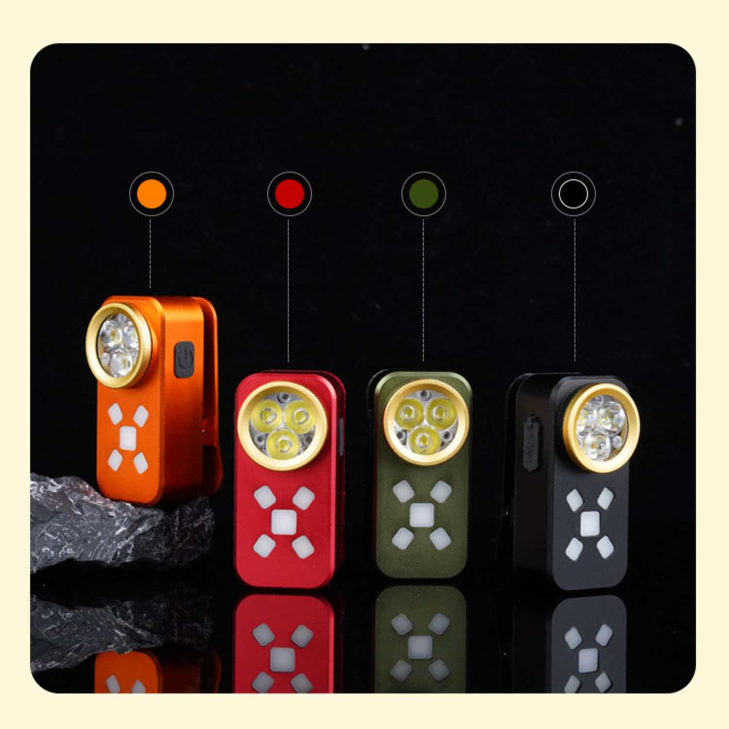 Vier Taschenlampen: orange, rot, grün, schwarz. Jede mit vier LEDs und Muster.