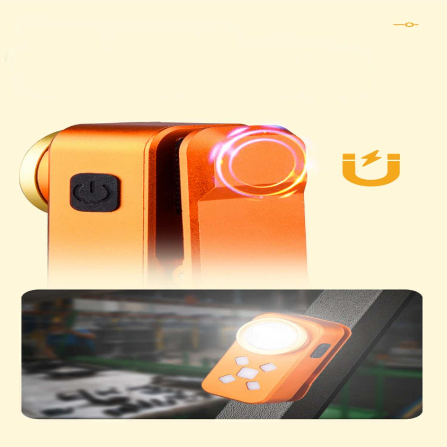 Orange Taschenlampe mit Ein/Aus-Taste und Magnet. Nahaufnahme.