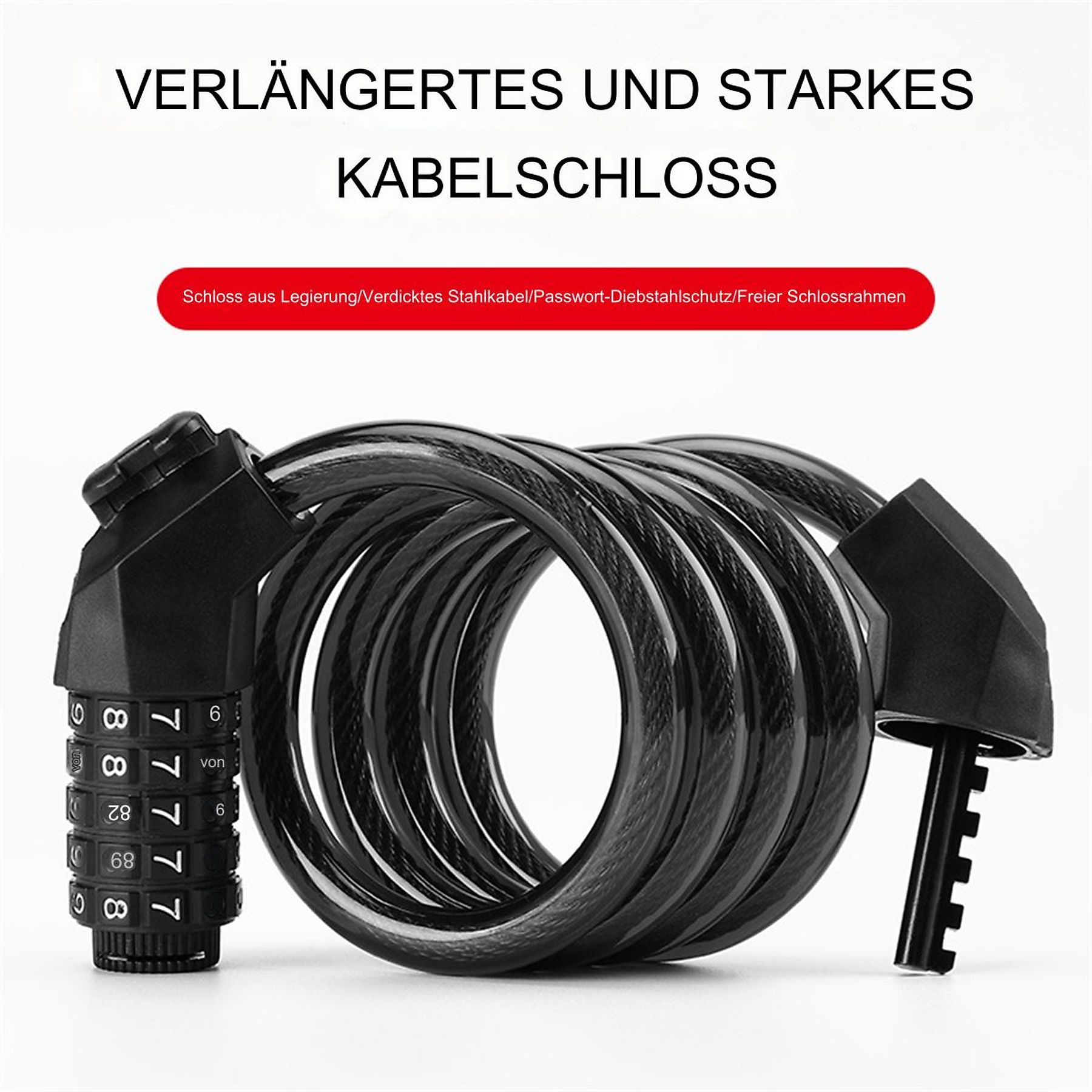 Schwarzes Kabelschloss mit Zahlenkombination und offenem Schlossrahmen.
