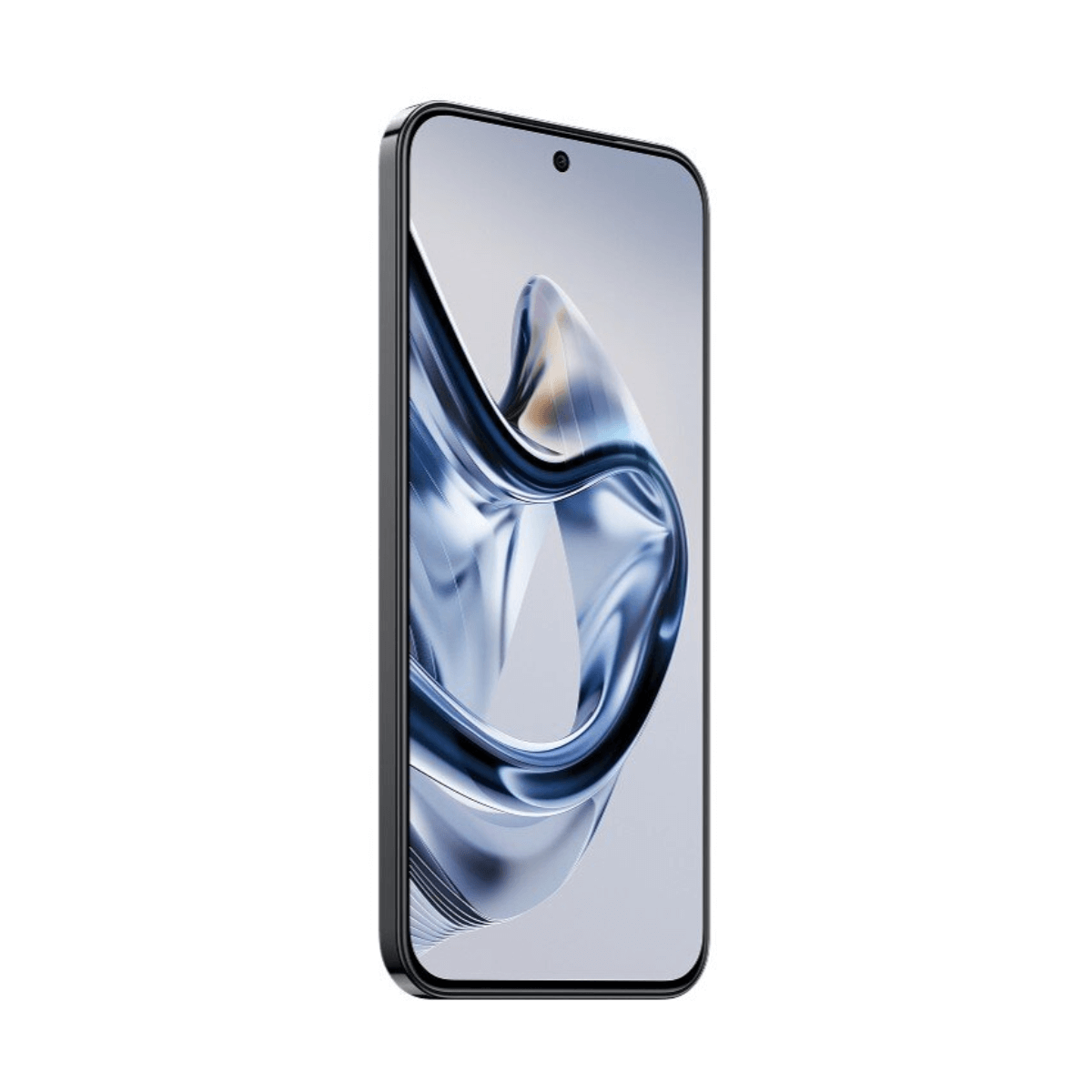 Czarny smartfon z abstrakcyjną, niebiesko-białą tapetą.