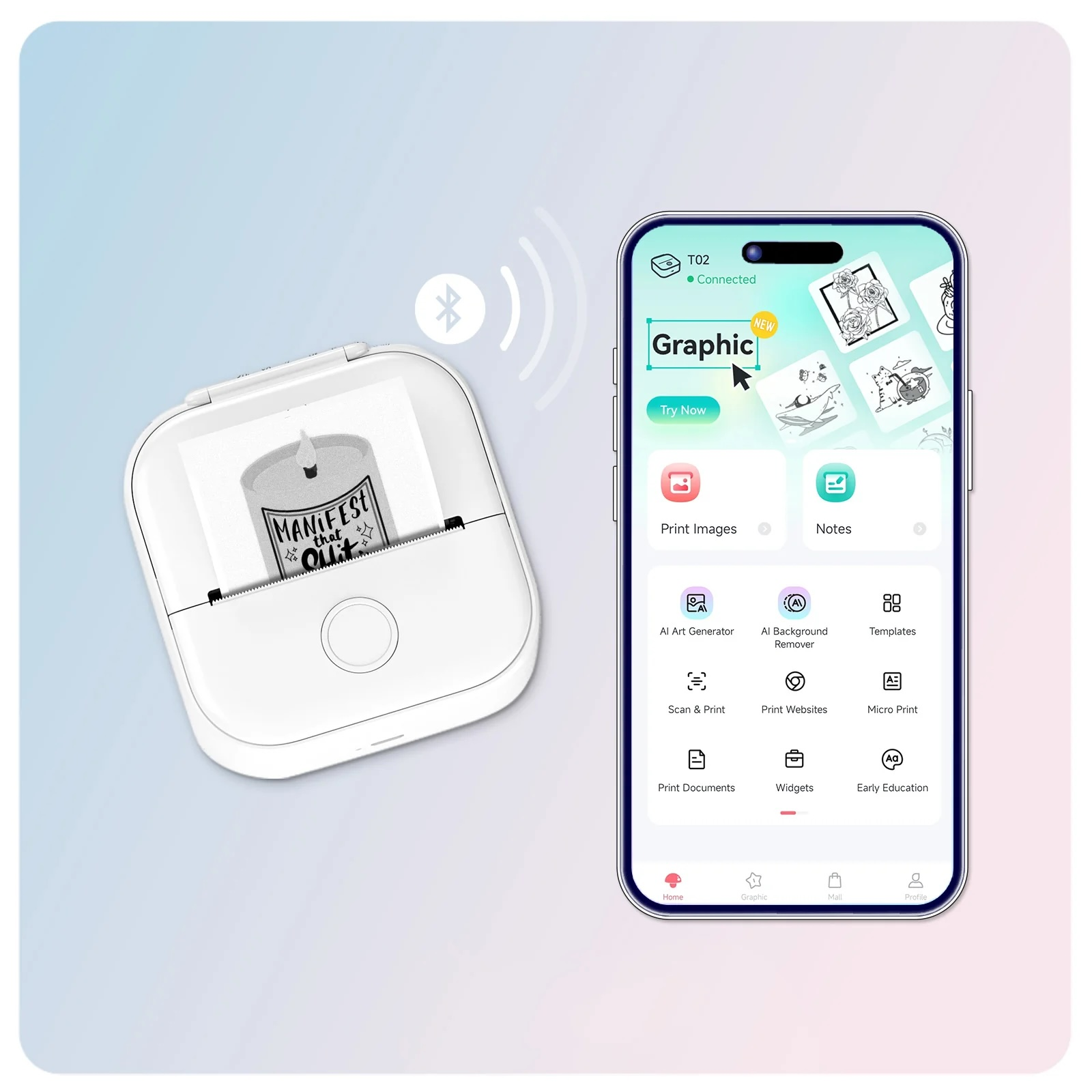 Une imprimante blanche imprime une bougie avec du texte. Un smartphone avec une application est à côté.