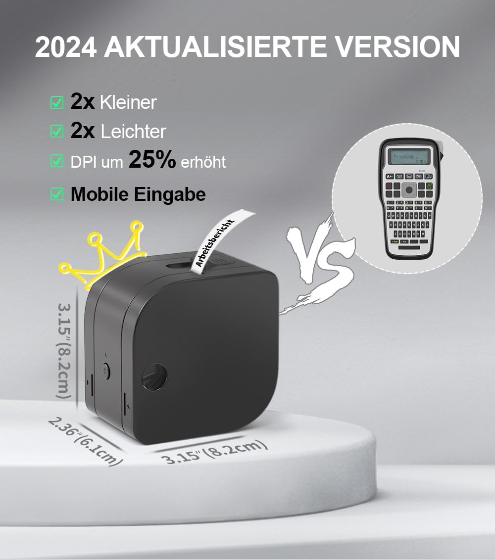 Imprimante compacte avec couronne et dimensions, comparée à un ancien modèle.