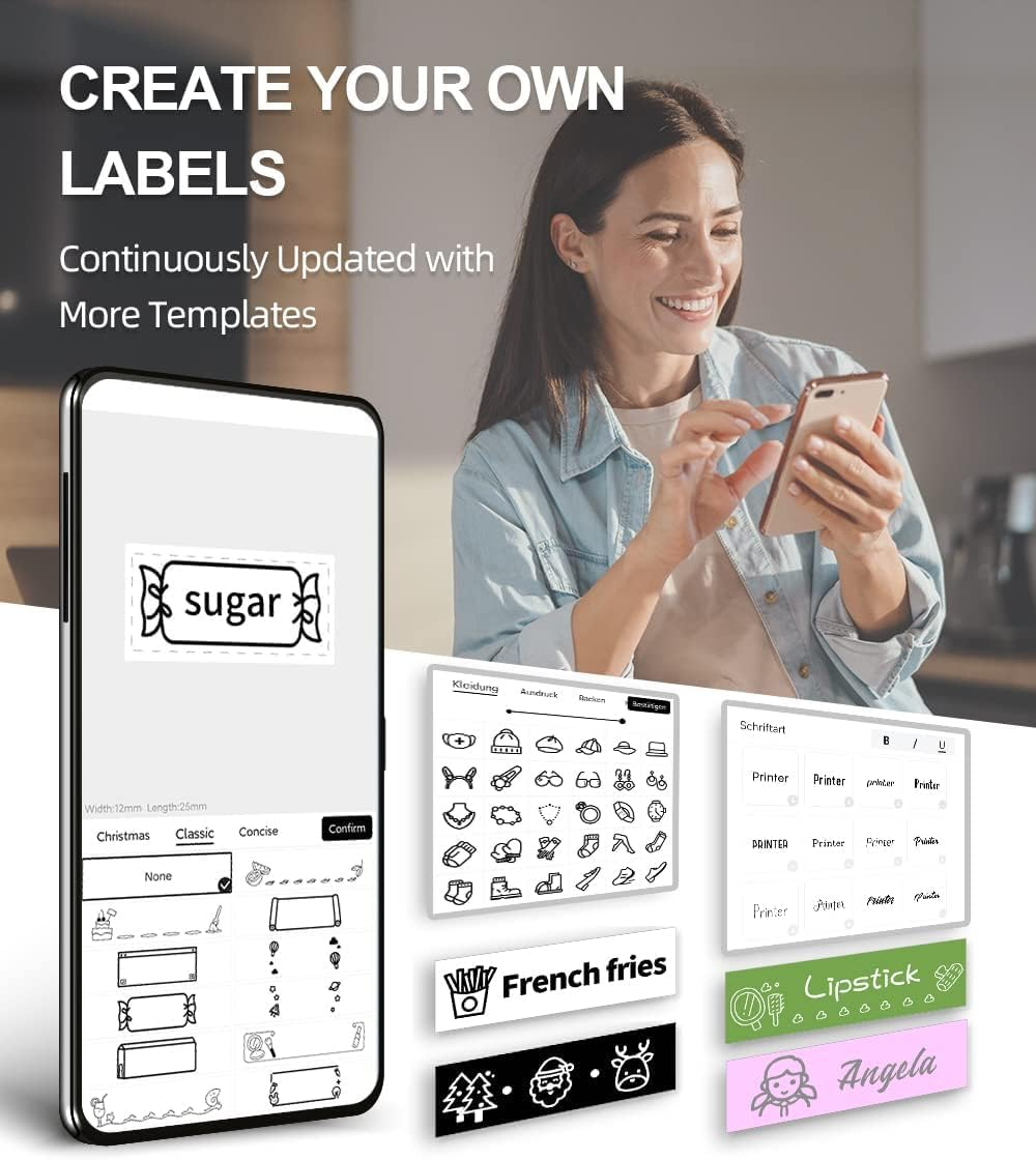 Une femme utilise un smartphone pour créer des étiquettes. Diverses options d'étiquettes sont affichées.