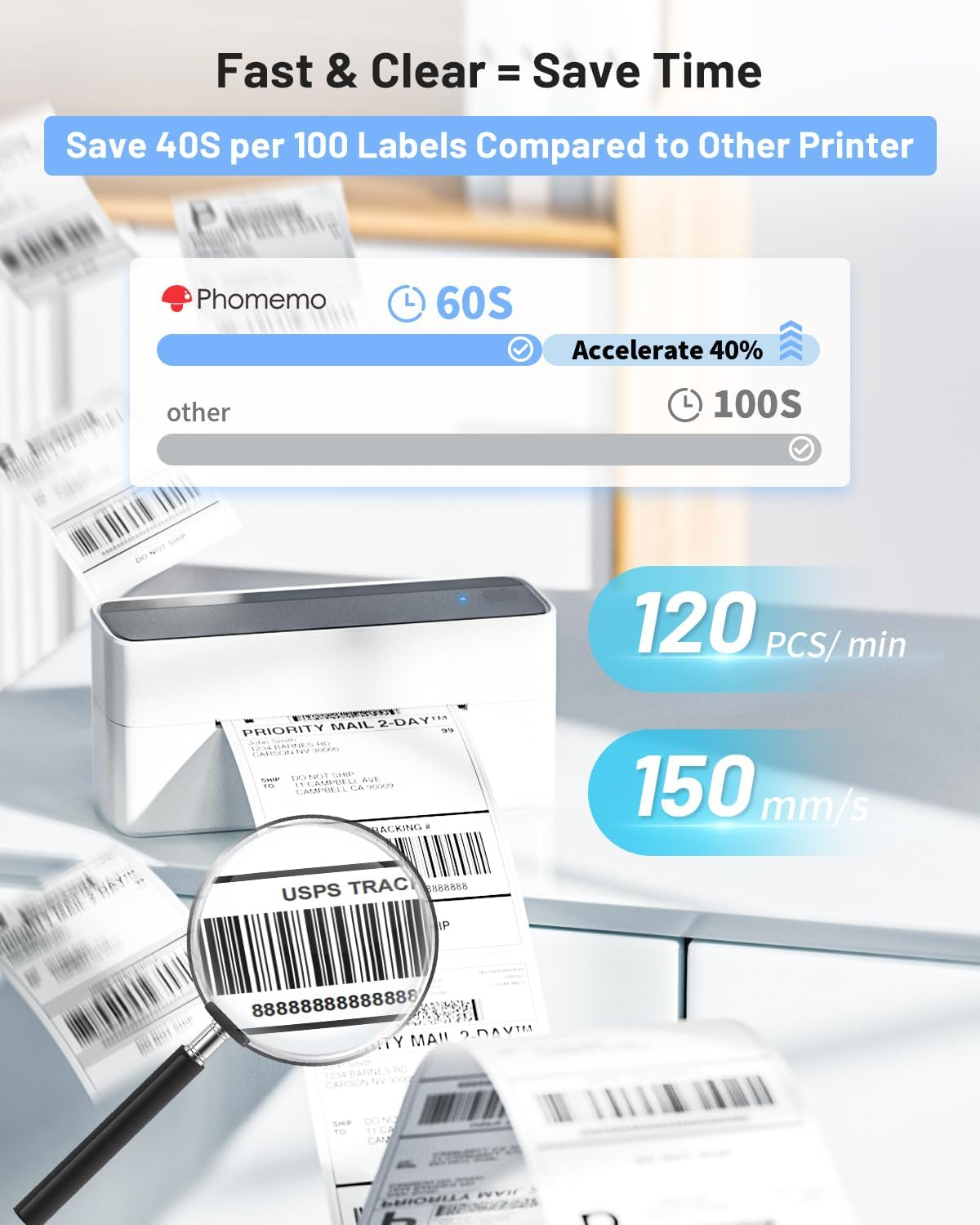 Une imprimante imprime des étiquettes. Comparaison de temps : 60s vs 100s.