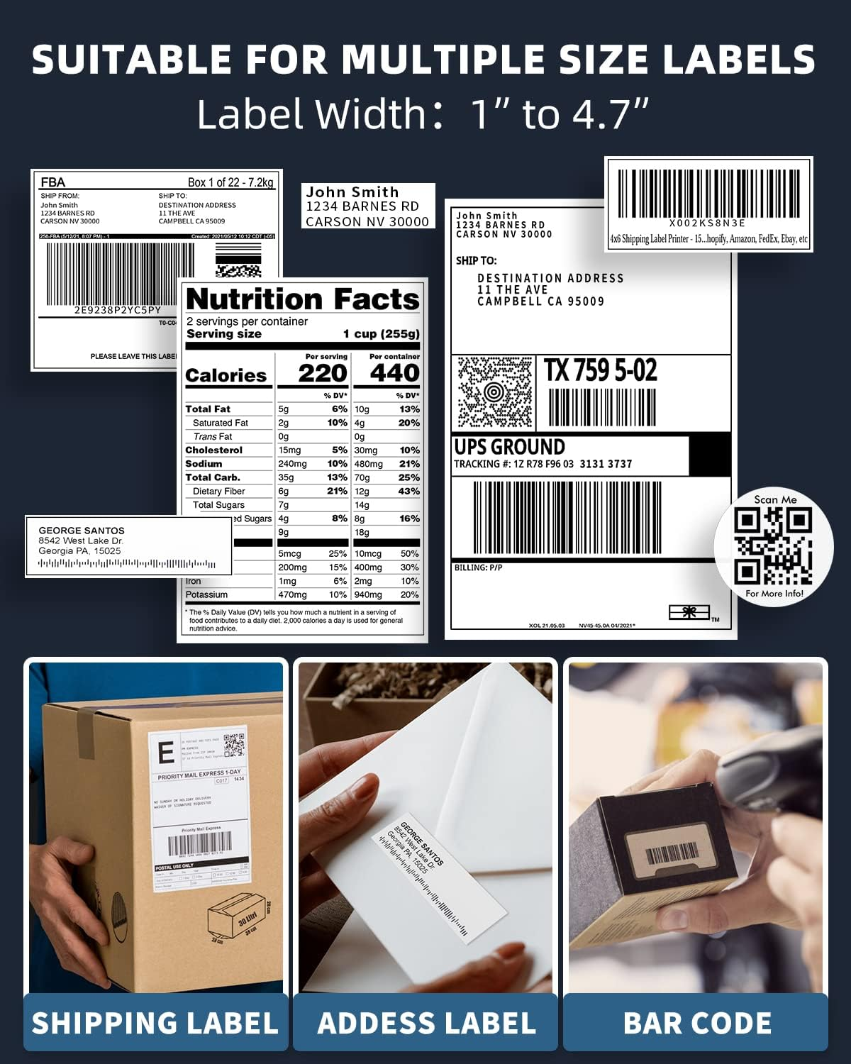 Étiquettes avec adresse, informations nutritionnelles et code-barres, plus des boîtes d'expédition.