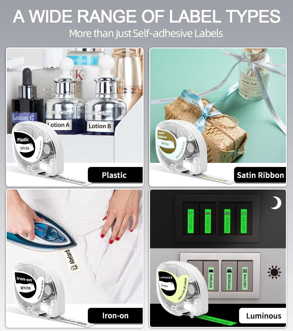 Quatre types de rubans d'étiquettes : Plastique, Ruban Satin, Thermocollant et Lumineux.