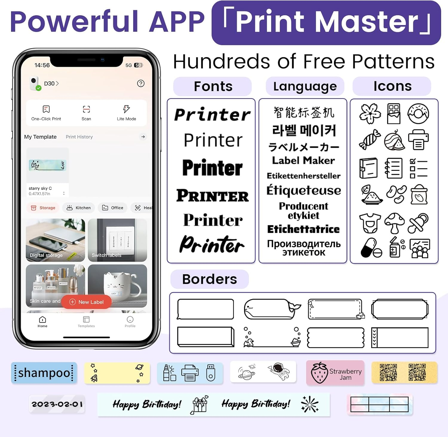 Print Master App zeigt Schriftarten, Sprachen, Symbole, Rahmen und Vorlagen.