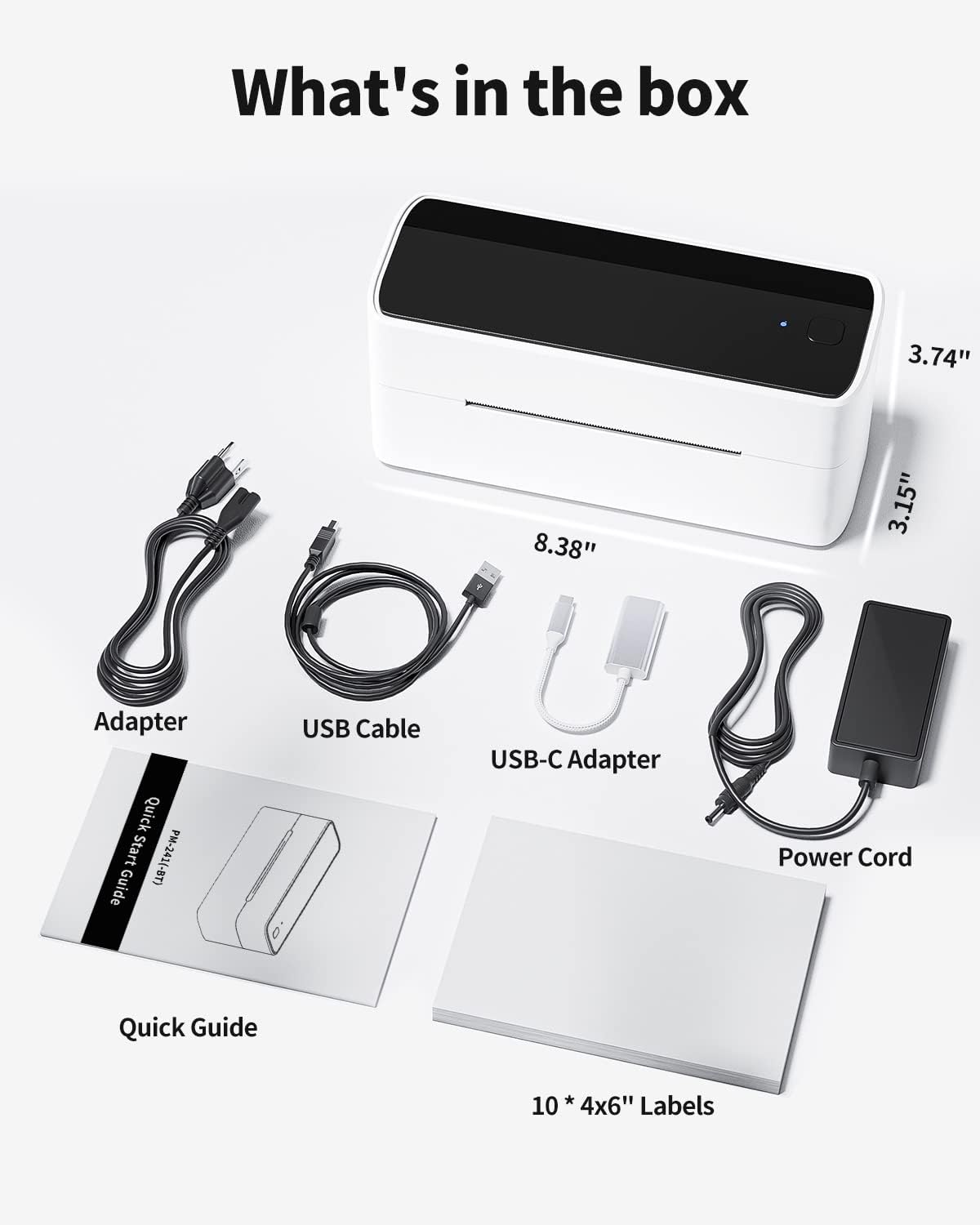 Contenu de la boîte : Imprimante, adaptateur, câble USB, adaptateur USB-C, cordon d'alimentation, guide.