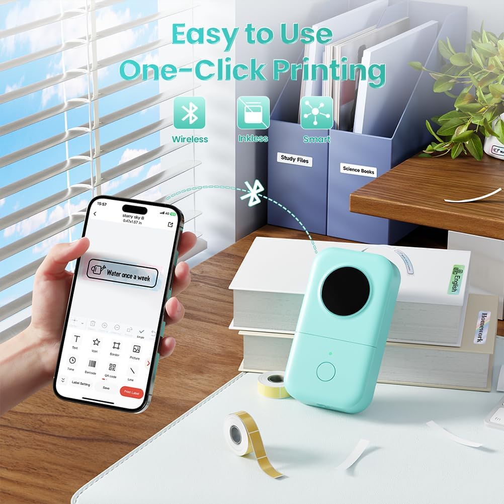 Une imprimante d'étiquettes vert menthe se connecte via Bluetooth à un smartphone affichant 