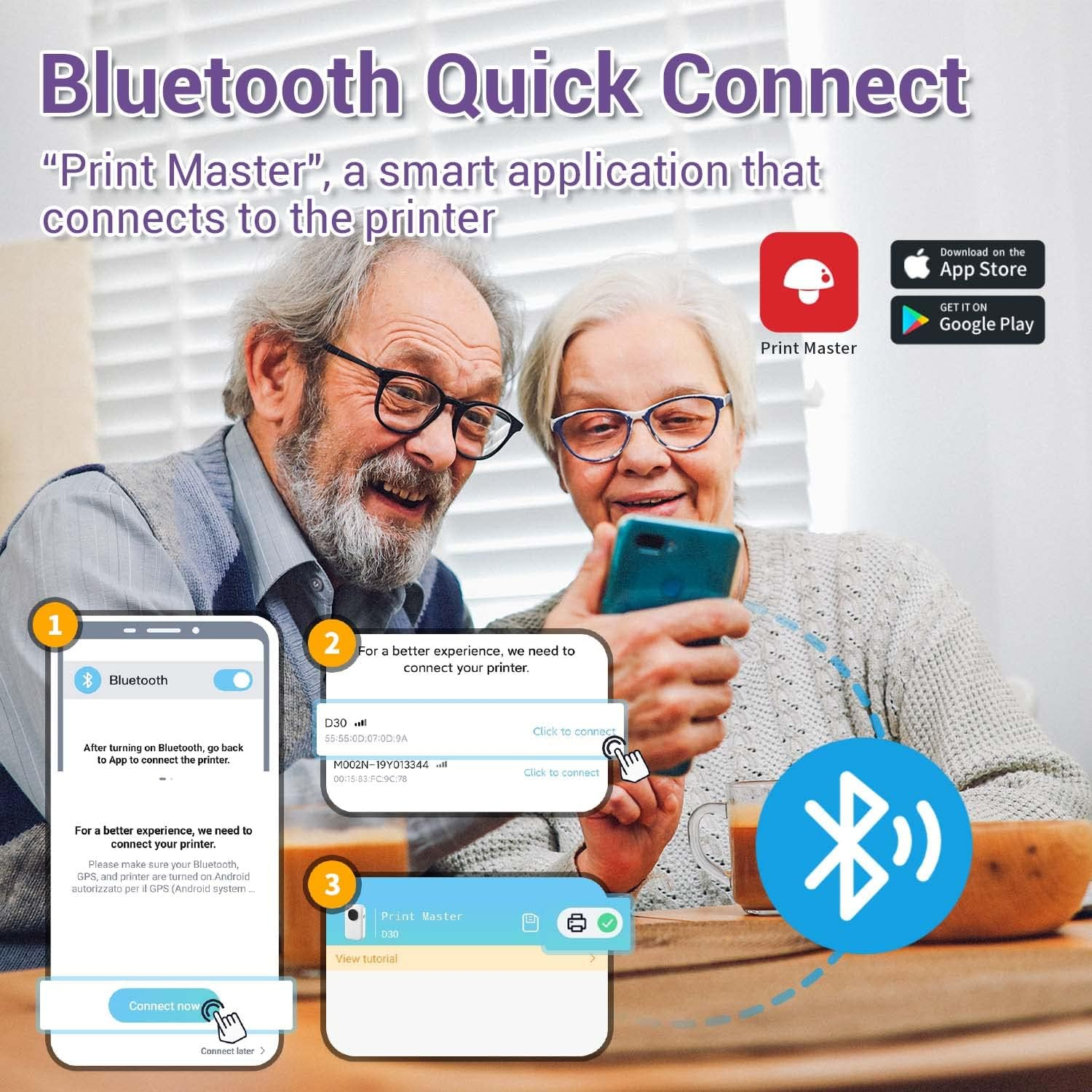 Älteres Paar verbindet Drucker über Bluetooth-App. Anleitungsschritte sind sichtbar.