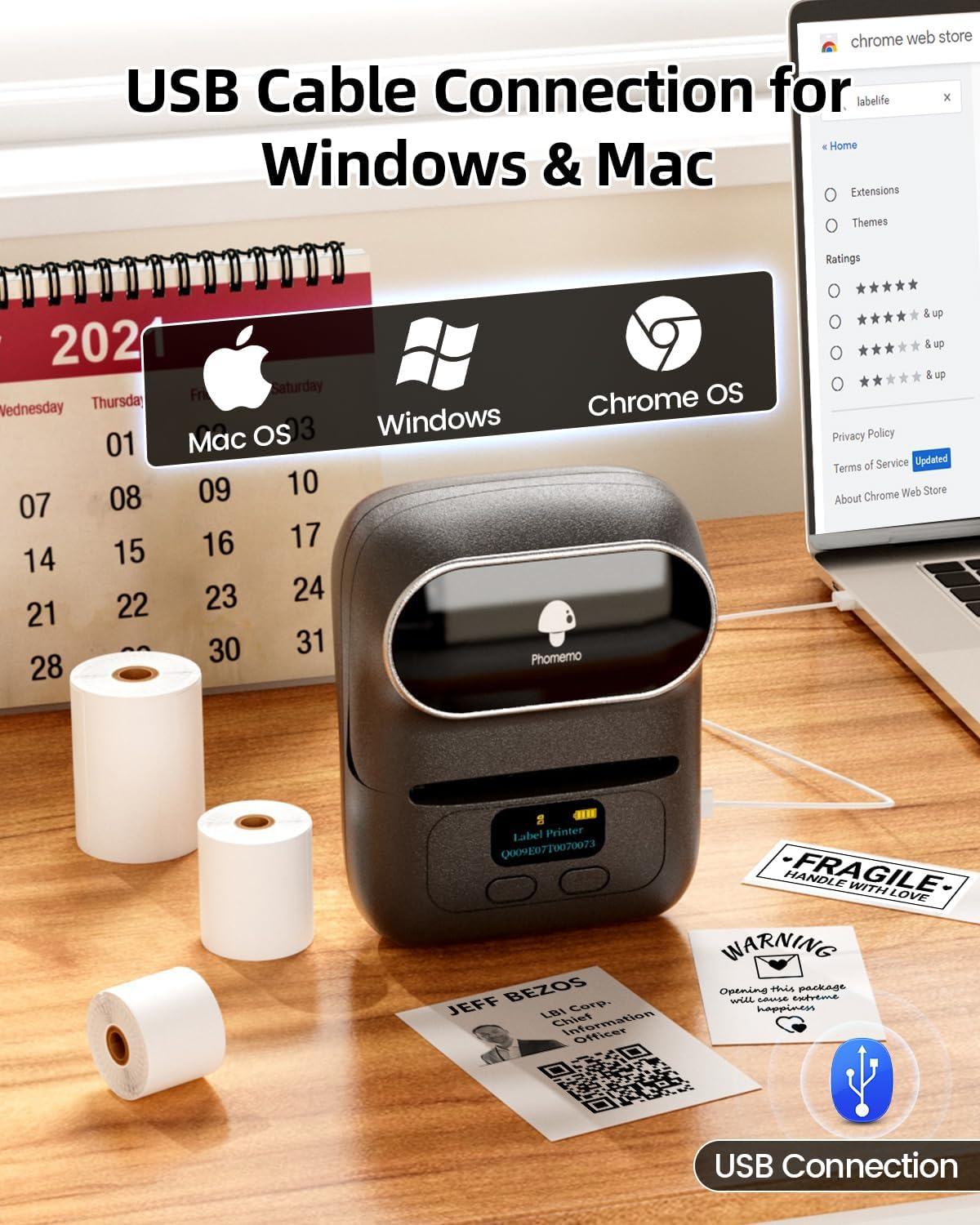 Une imprimante d'étiquettes Phomemo avec connexion USB, Mac OS, Windows, Chrome OS.