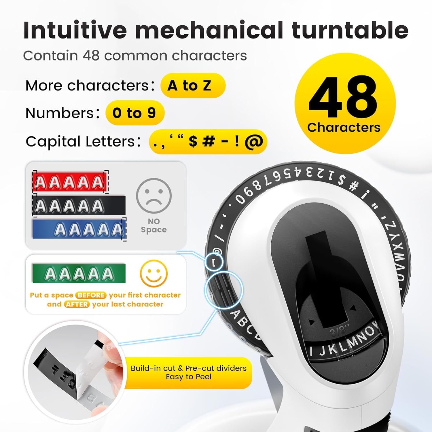 Machine à étiqueter avec 48 caractères, affichant lettres, chiffres et symboles.