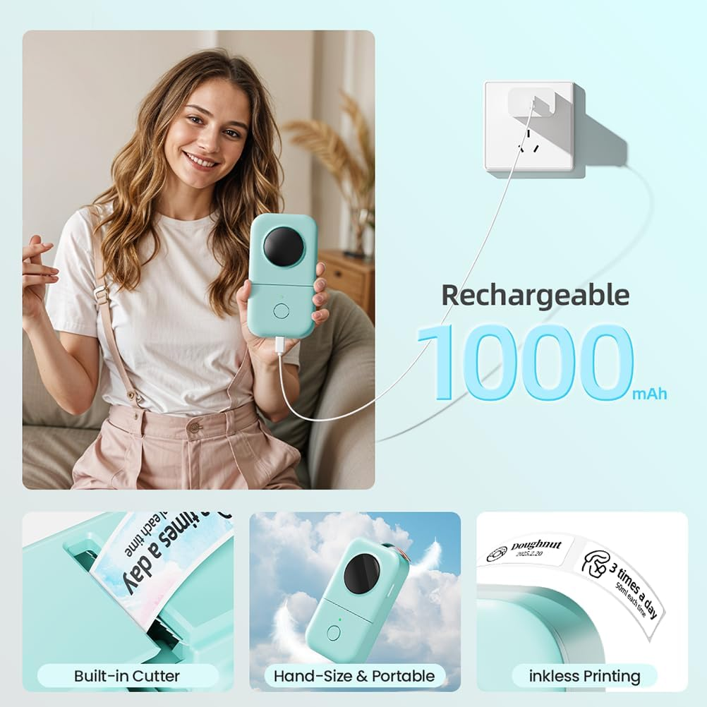 Une femme tient une imprimante thermique vert menthe. Gros plans montrent le coupe-circuit intégré et le design portable.