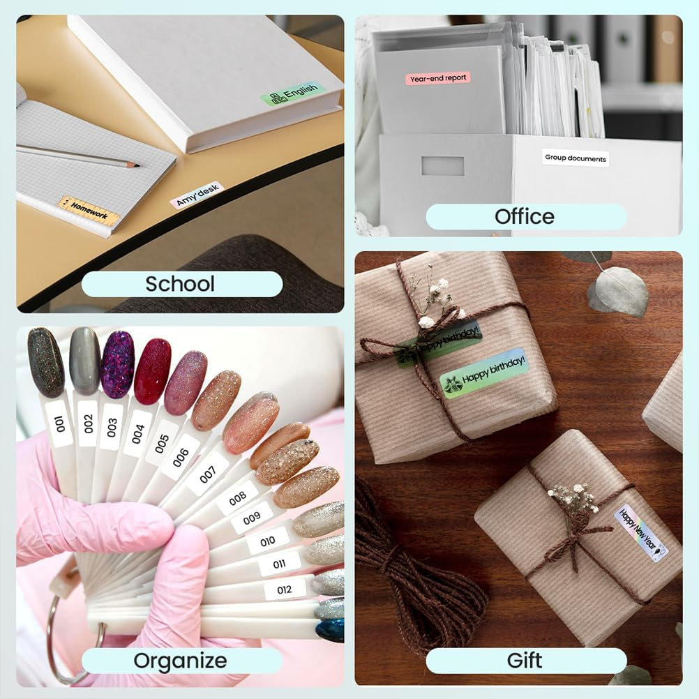 Étiquettes pour l'école, le bureau, l'organisation et les cadeaux dans un collage.