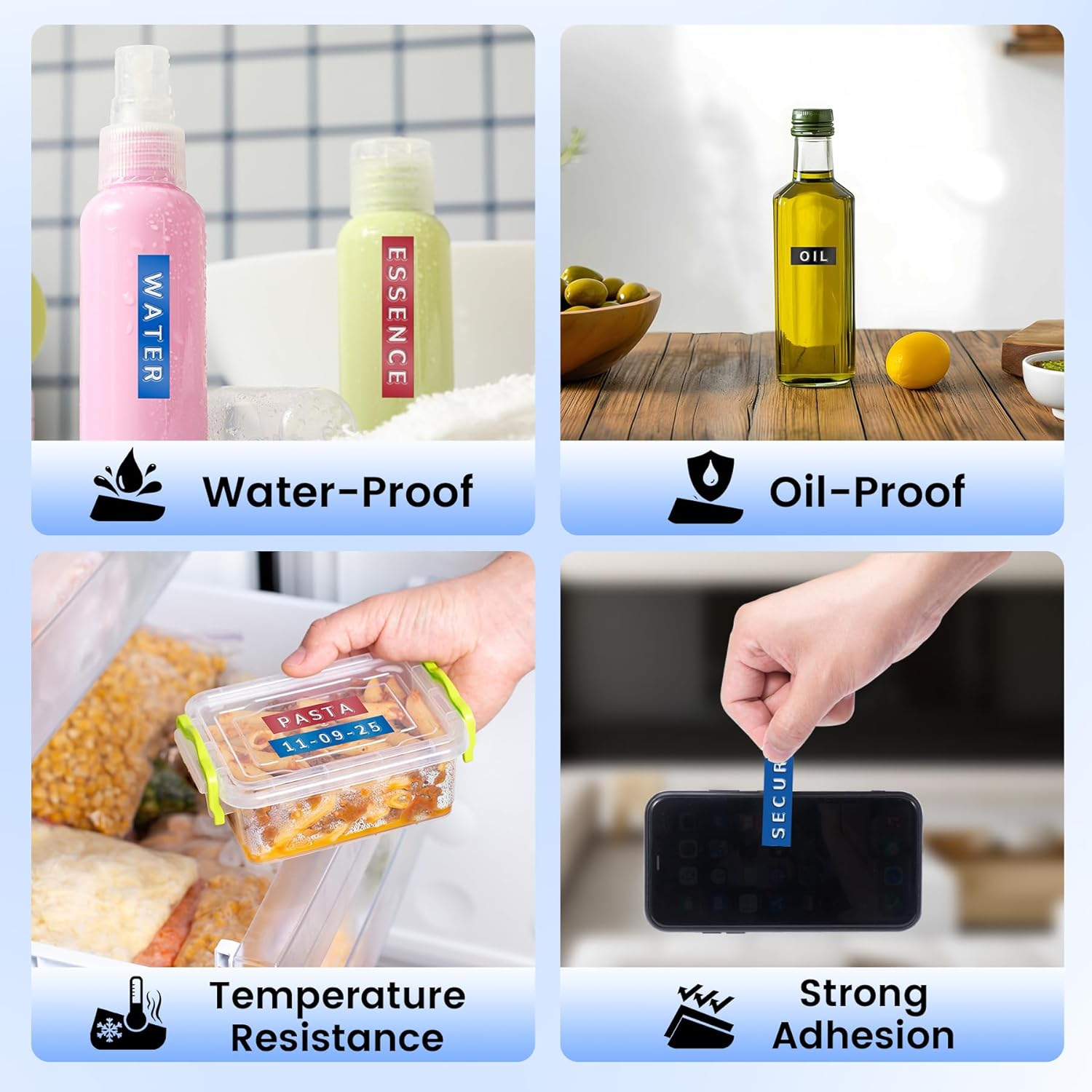 Étiquettes pour résistance à l'eau, l'huile, la température et l'adhérence.