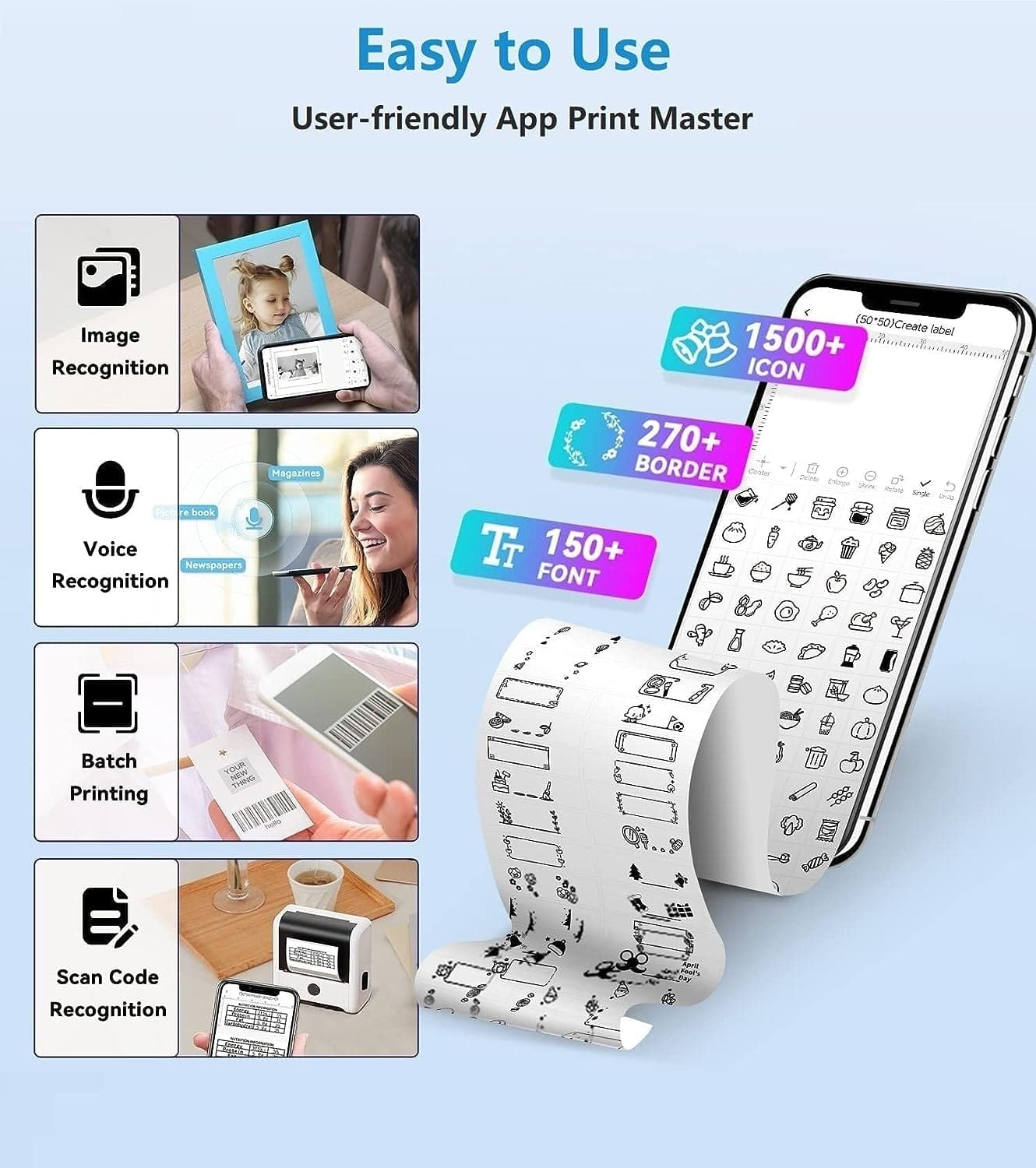 Fonctionnalités de l'app : reconnaissance d'images, vocale, impression batch, scan QR.