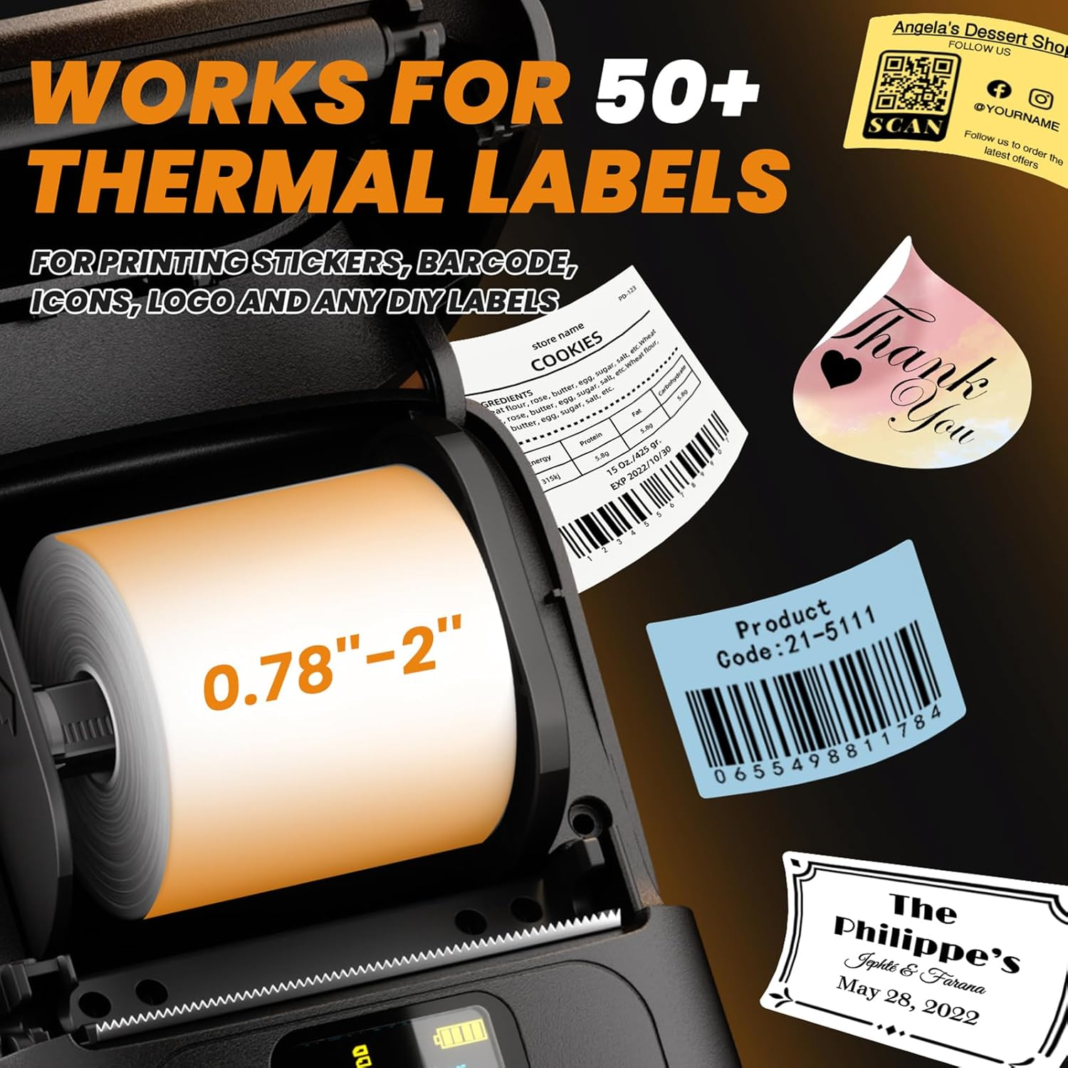 Imprimante thermique avec rouleau d'étiquettes, autocollants et codes produits.
