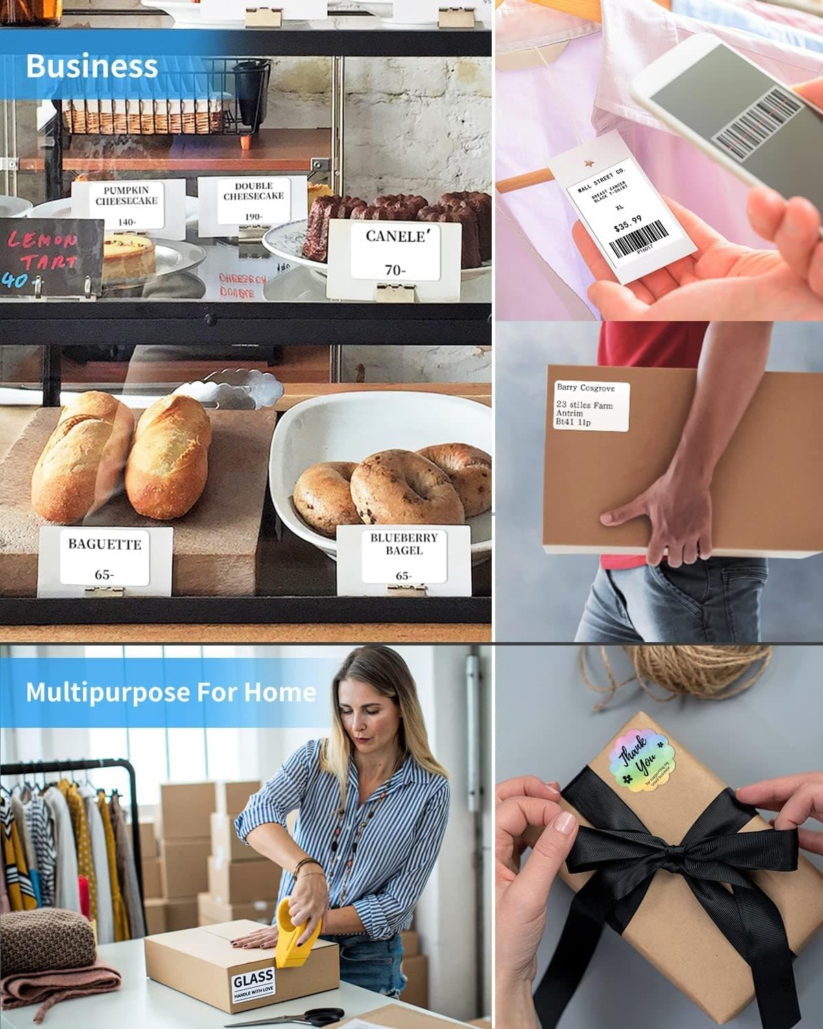 Collage montrant affaires, boulangerie, vêtements et cadeau.