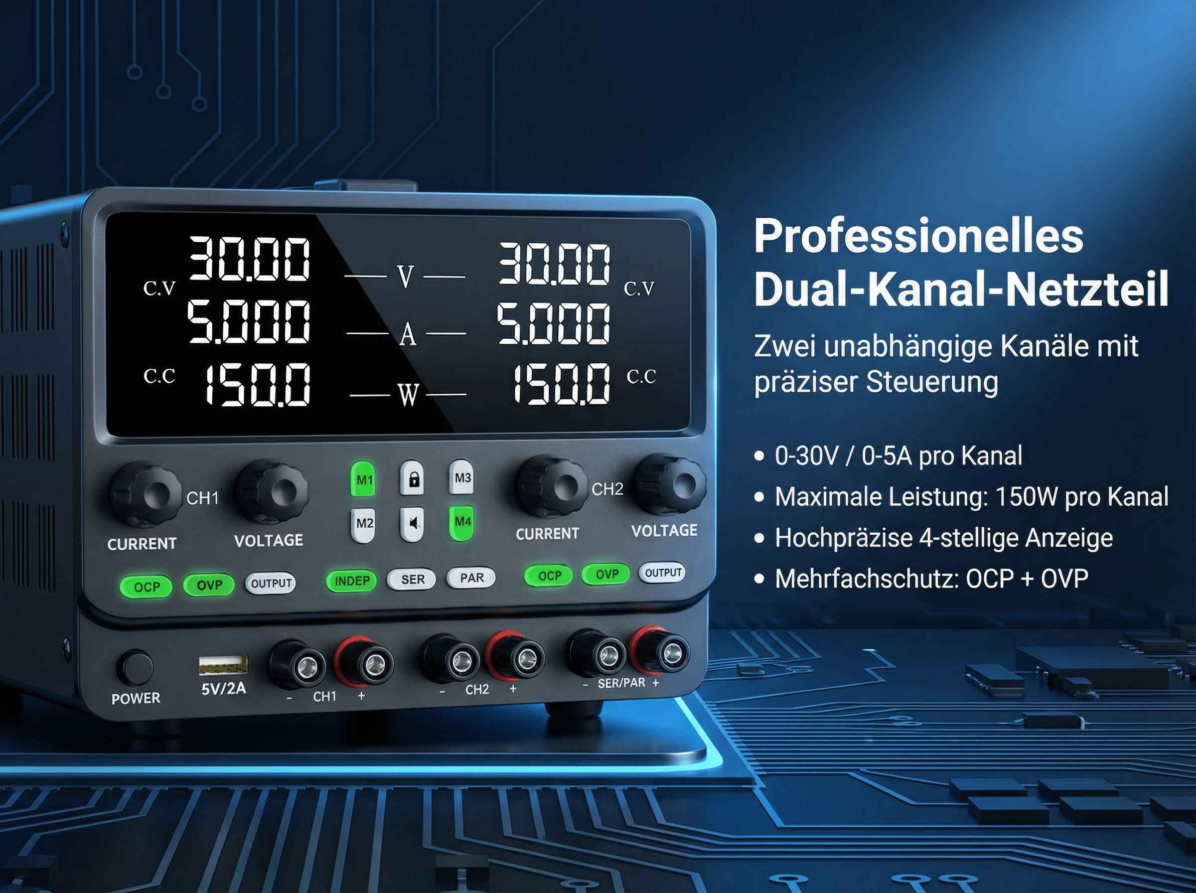 Ein Dual-Kanal-Netzteil mit digitalen Anzeigen und Reglern.