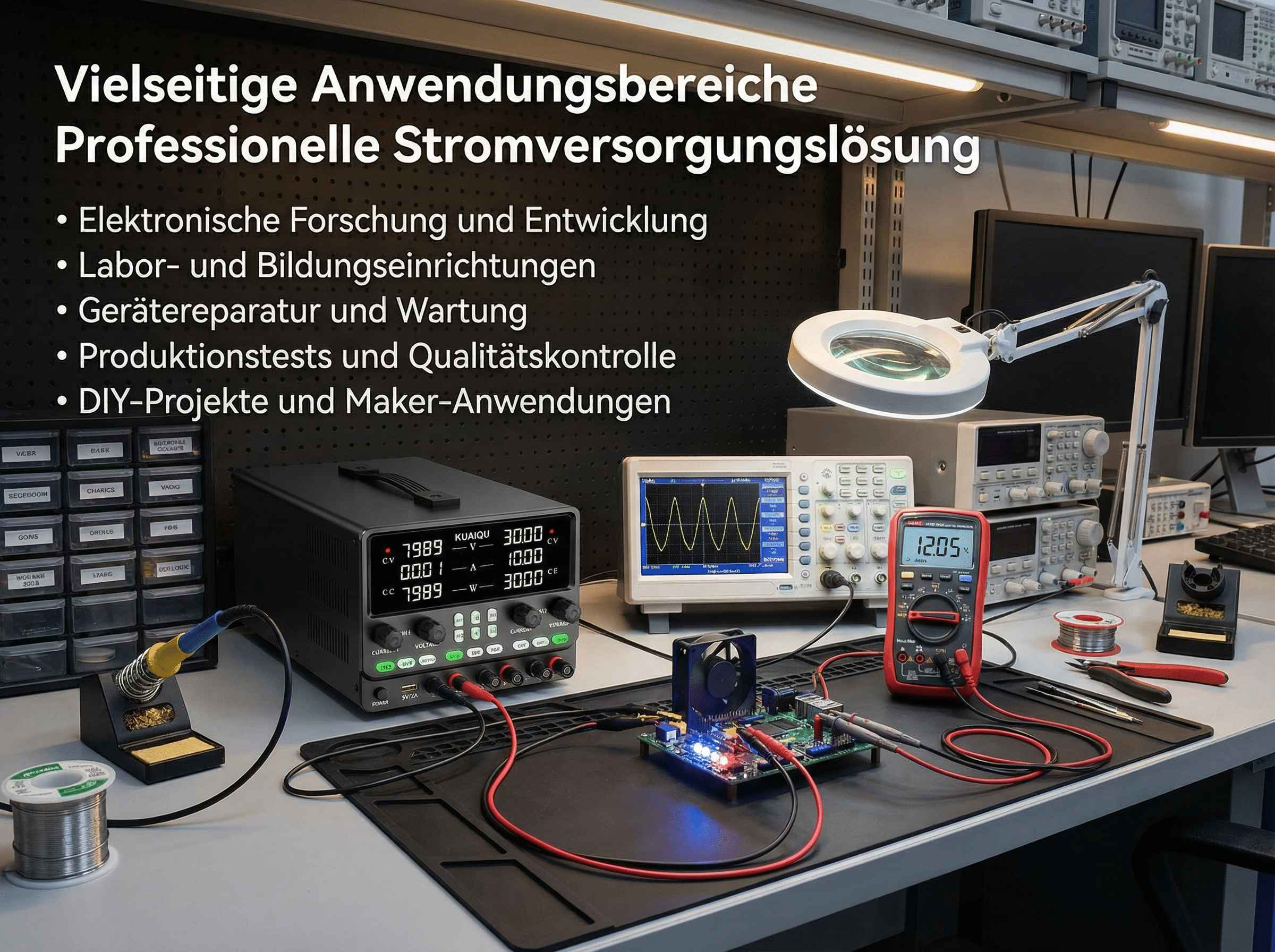 Ein Laborarbeitsplatz mit Stromversorgung, Oszilloskop, Multimeter und Lötstation.
