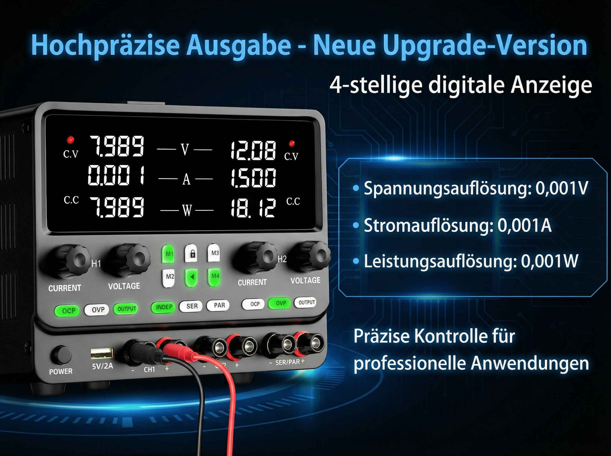 Ein Labornetzteil mit digitalen Anzeigen für Spannung, Strom und Leistung.