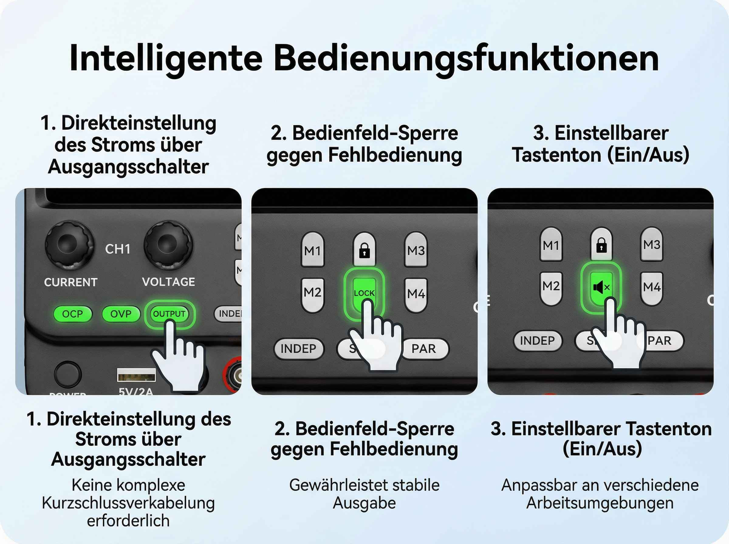 Drei Bedienfelder für Strom, Sperre und Tastenton mit Fingerzeigern.