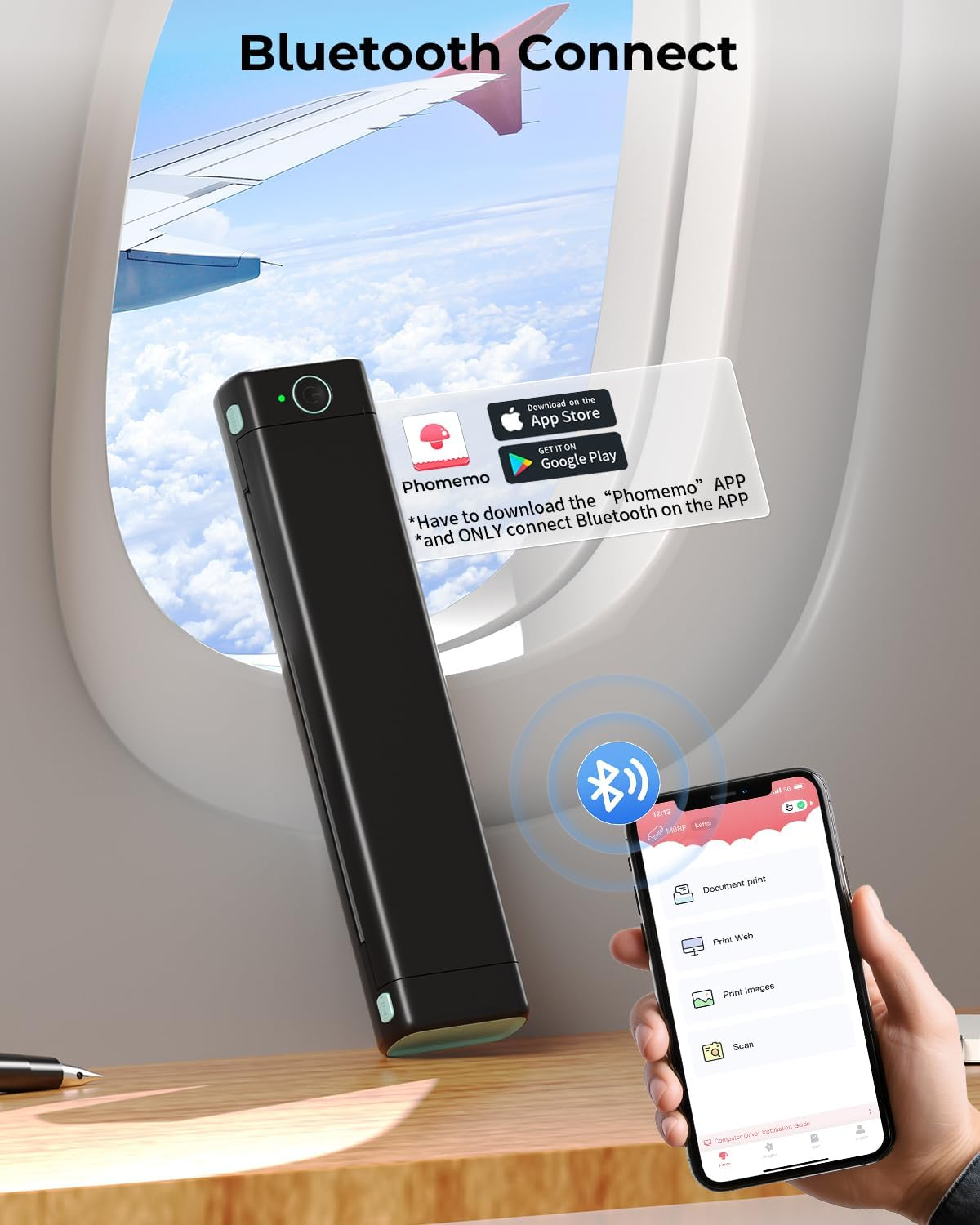 Une imprimante noire près du hublot d'un avion se connectant à un téléphone.